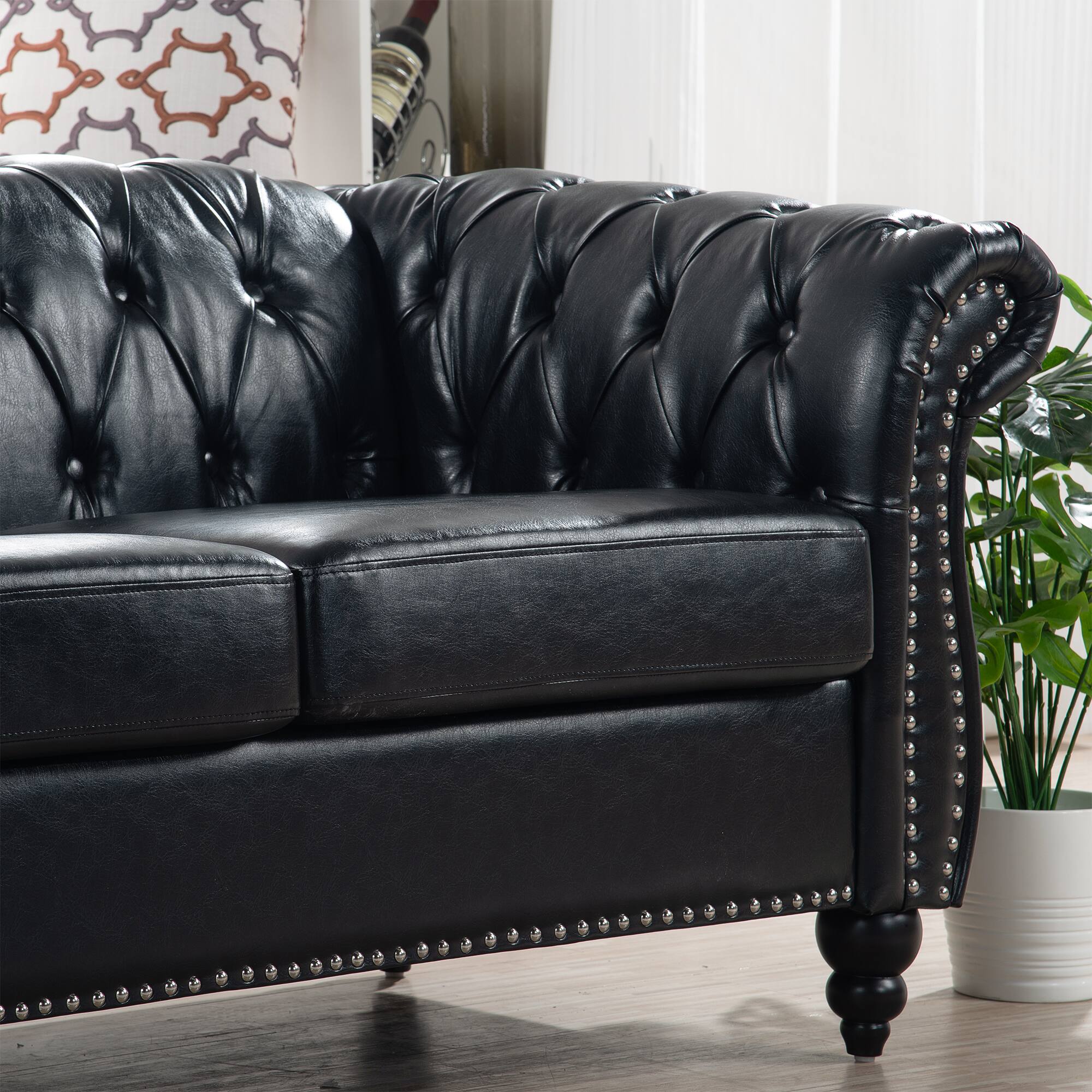 Back. Anysun - 84" Faux Leather 3-Seat Chesterfield Sofa - Rolled Arm, Deep Seating, Button Tufted for Living Room & Office - Black.