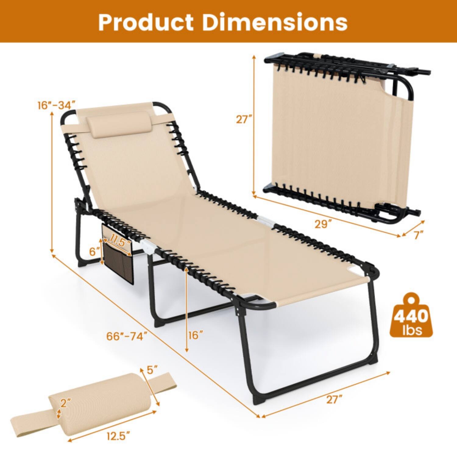 Product Dimensions:  
16"-34" x 27" x 11.5" x 6" x 29" x 7" x 66"-74" x 16" x 440 lbs x 5" x 2" x 27" x 12.5"