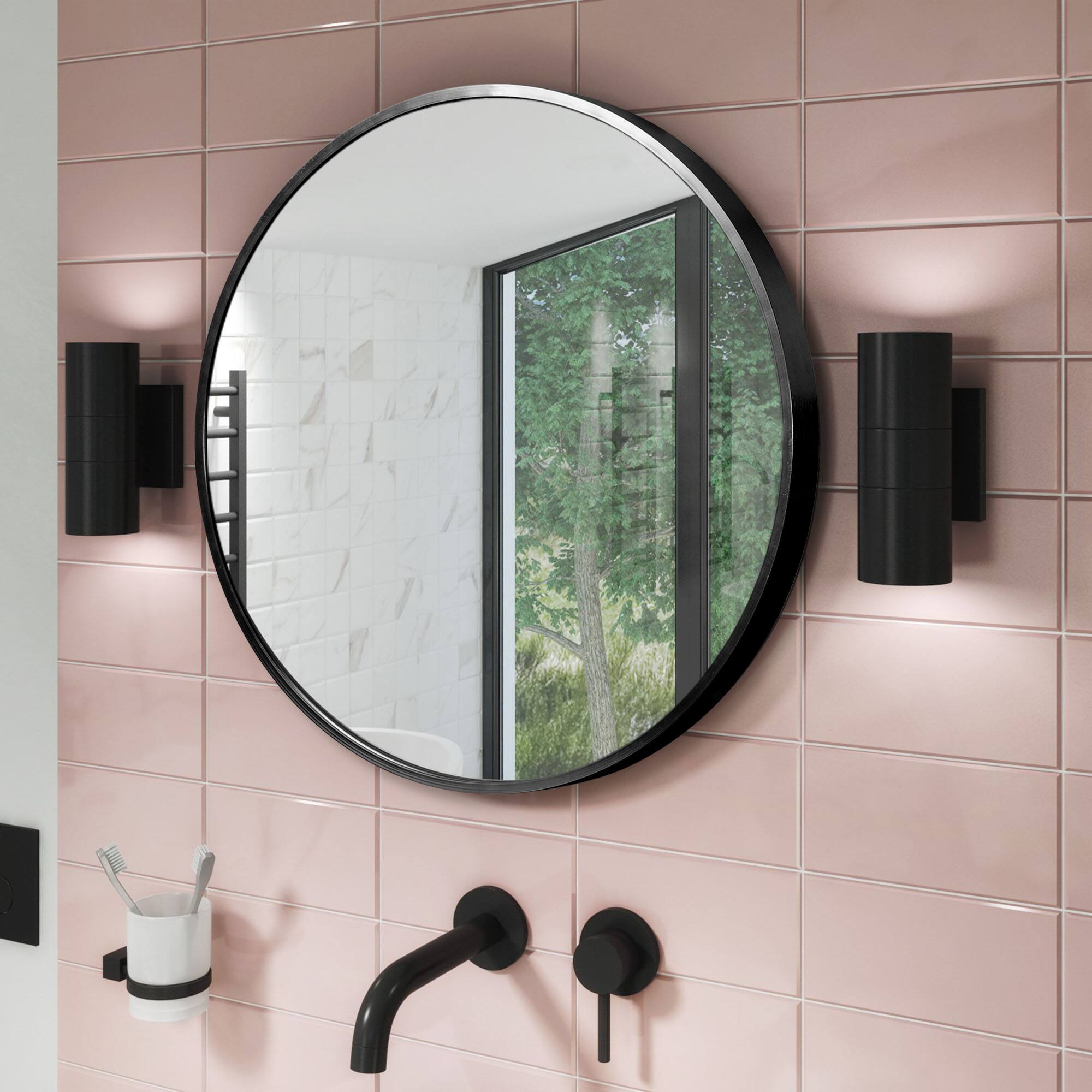 Alt View 3. PexFix - Modern Metal Frame Bathroom Mirror, 24 in. Round, Wall-Mounted for Vanity & Powder Room - Black.