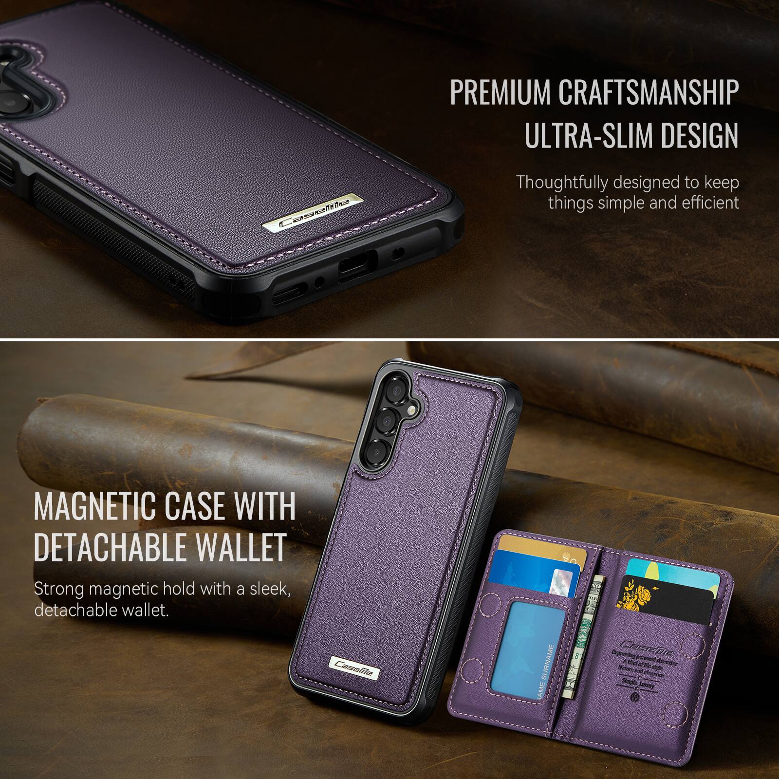 PREMIUM CRAFTSMANSHIP ULTRA-SLIM DESIGN  
Thoughtfully designed to keep things simple and efficient  

MAGNETIC CASE WITH DETACHABLE WALLET  
Strong magnetic hold with a sleek, detachable wallet.  

Casalila