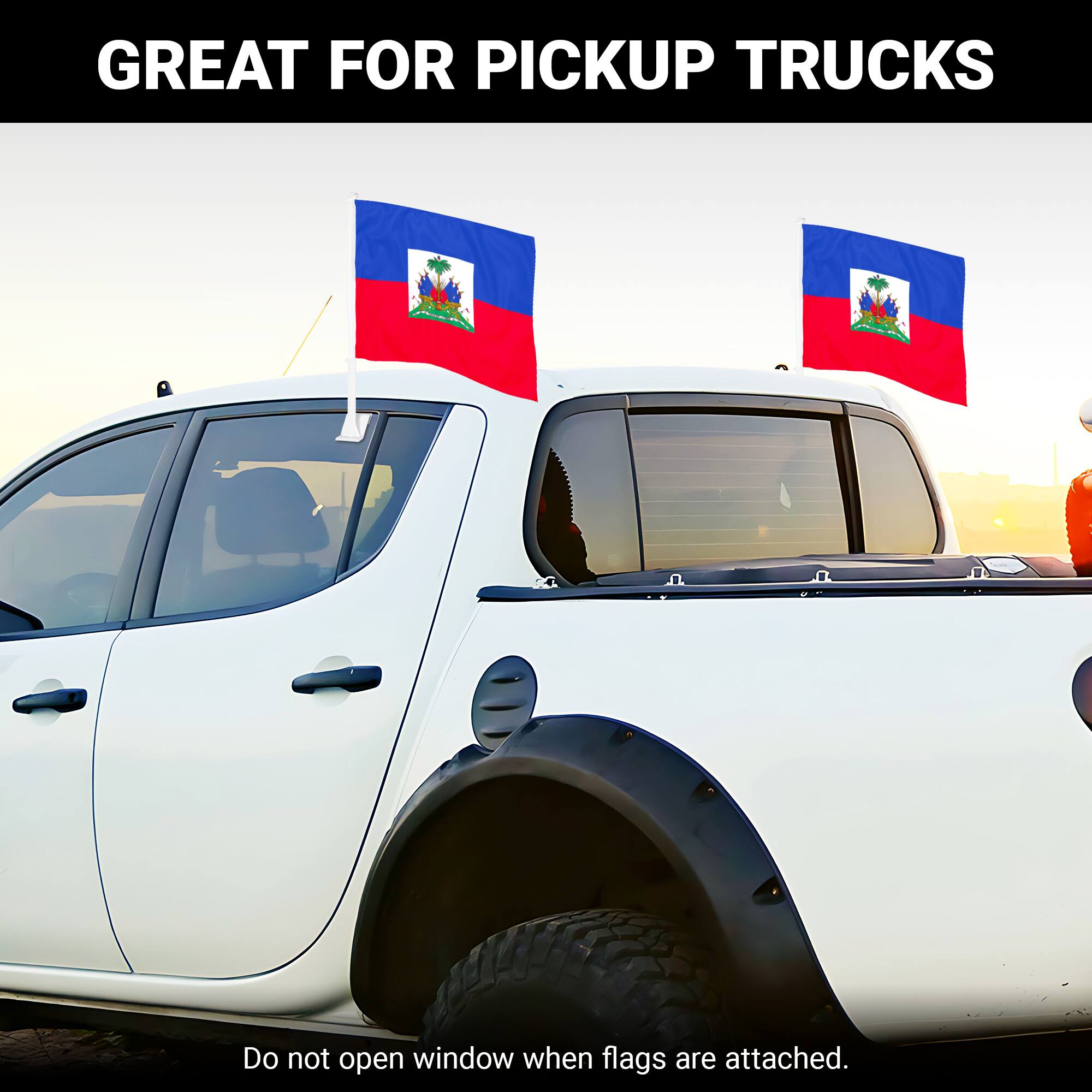 GREAT FOR PICKUP TRUCKS

Do not open window when flags are attached.