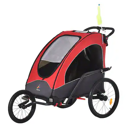 Front. BreeBe - Aosom 3-in-1 Foldable Kids Bike Trailer, Jogger Stroller & Transport Carrier with Shock Absorbers, Adjustable Handlebar - Red.