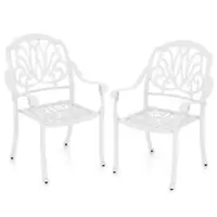 Costway 2 PCS Patio Cast Aluminum Dining Chairs Armrests Outdoor Stackable - White - Front_Zoom