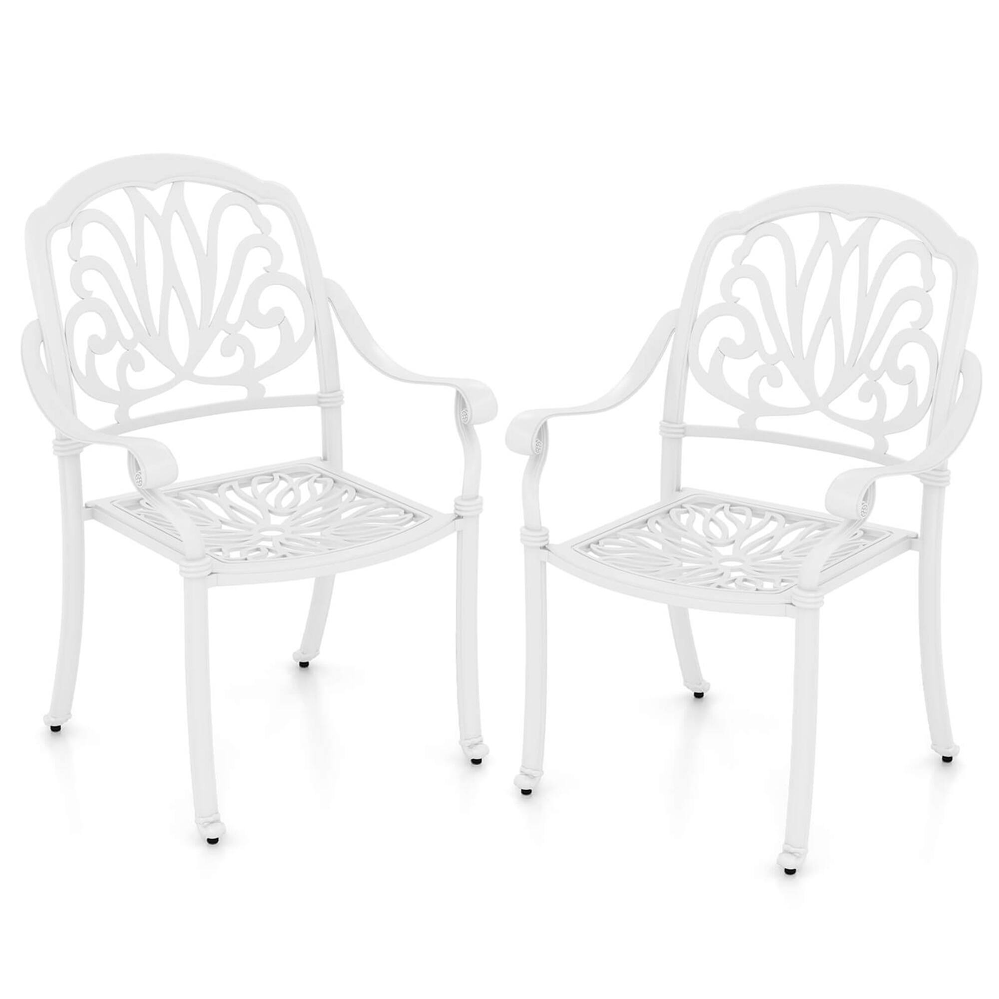 Front. Costway - 2 PCS Patio Cast Aluminum Dining Chairs Armrests Outdoor Stackable - White.
