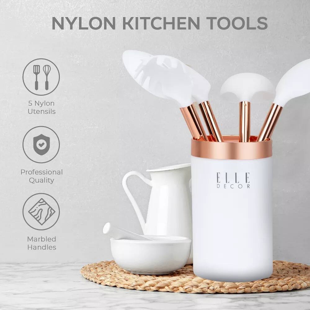 NYLON KITCHEN TOOLS

5 Nylon Utensils  
Professional Quality  
Marbled Handles  

ELLE DECOR