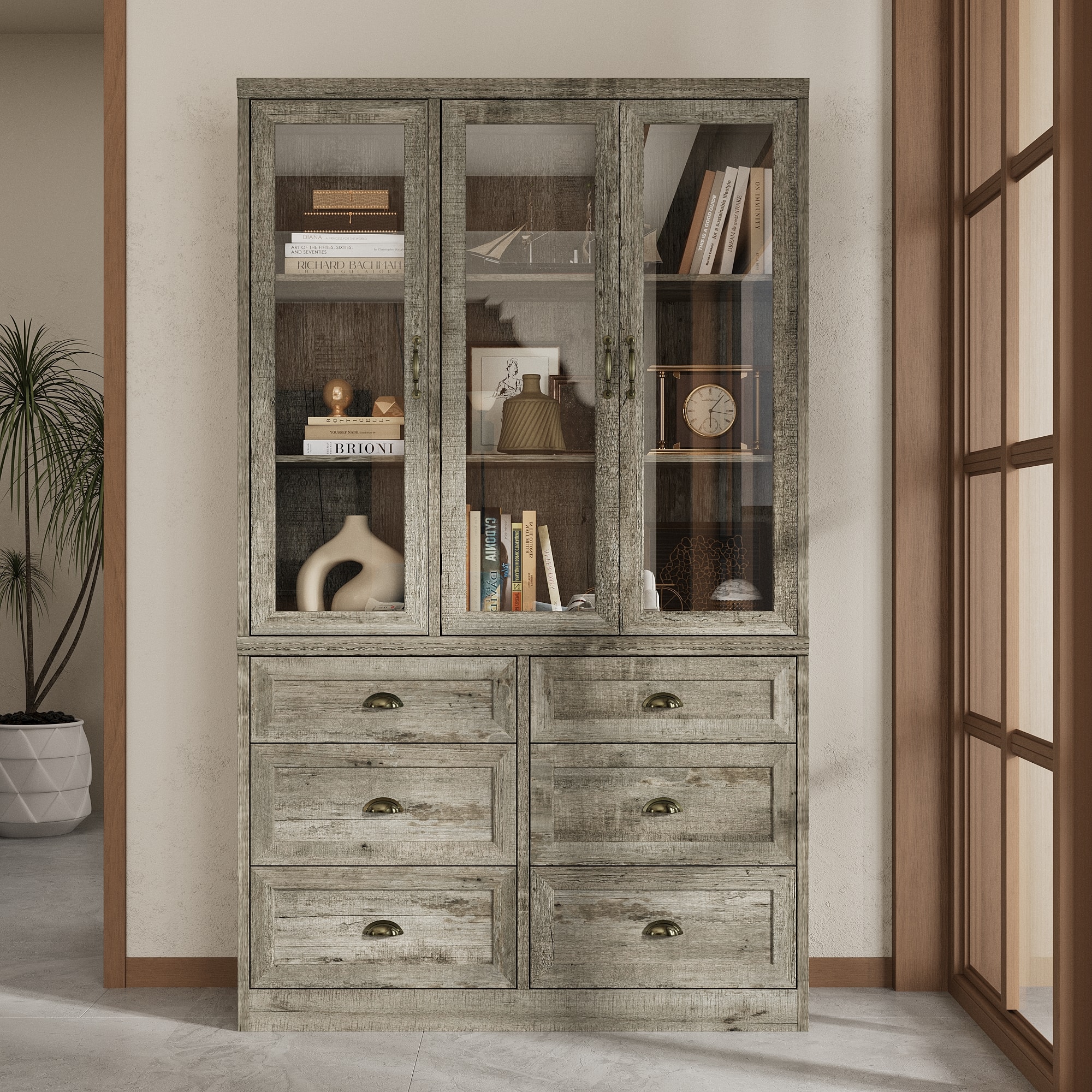 FUFU & GAGA - Vintage Distressed Glass Display Cabinet with Bronze Shell Handles and Tempered Glass for Living Room or Study - Gray