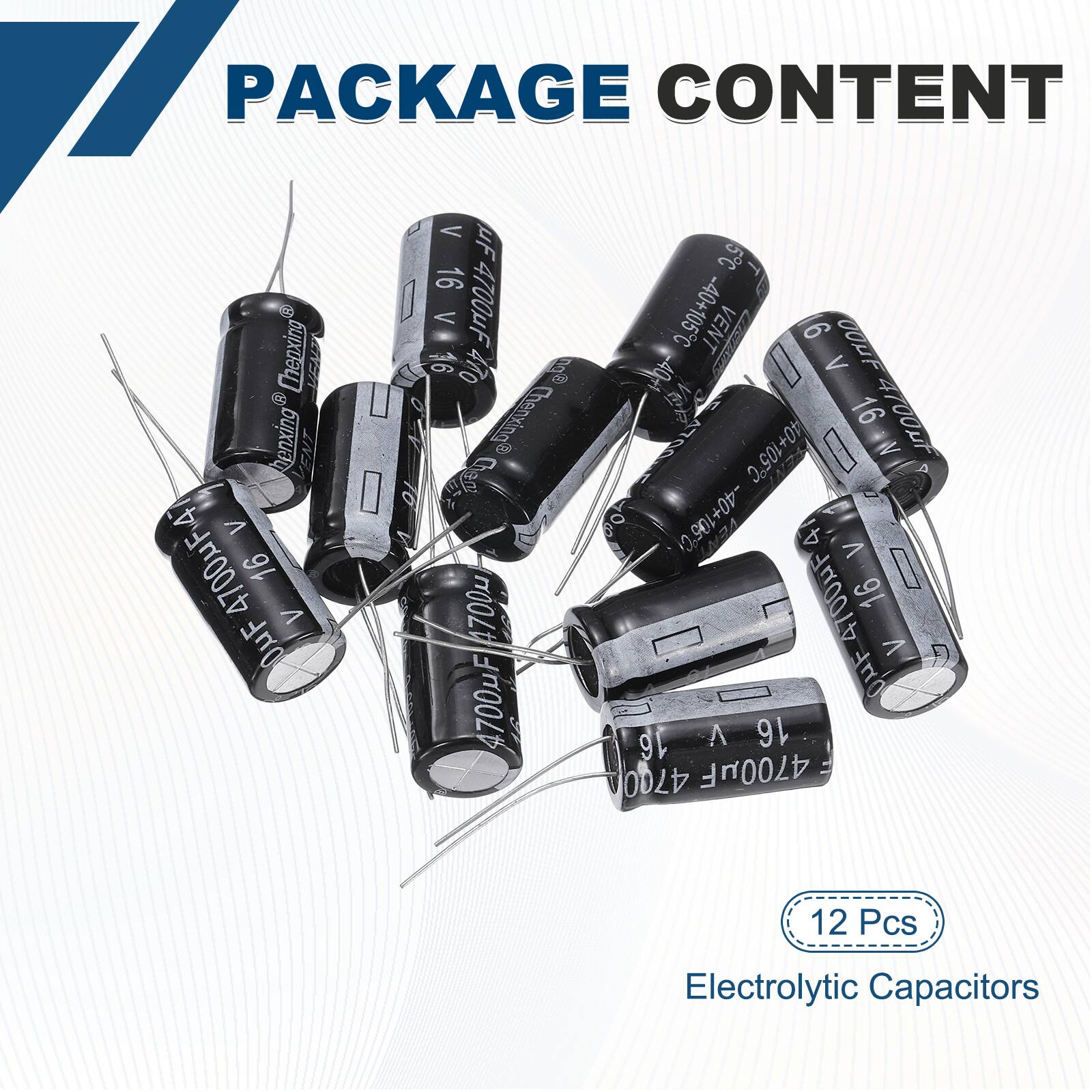 PACKAGE CONTENT

Chenxing VENZ menxing VENT 4 V 4700F 16 V OuF < S 16 V 4700F 16 470

Chenxing 4700 4700uF 5C -40+105C VENT 6 OUDF 40+1 V 1 16 : 40+105C W oX -40+105C LMRA 4 V 4700mF 16 V Ar 16 A 16 4700 4700uF 12 Pcs Electrolytic Capacitors