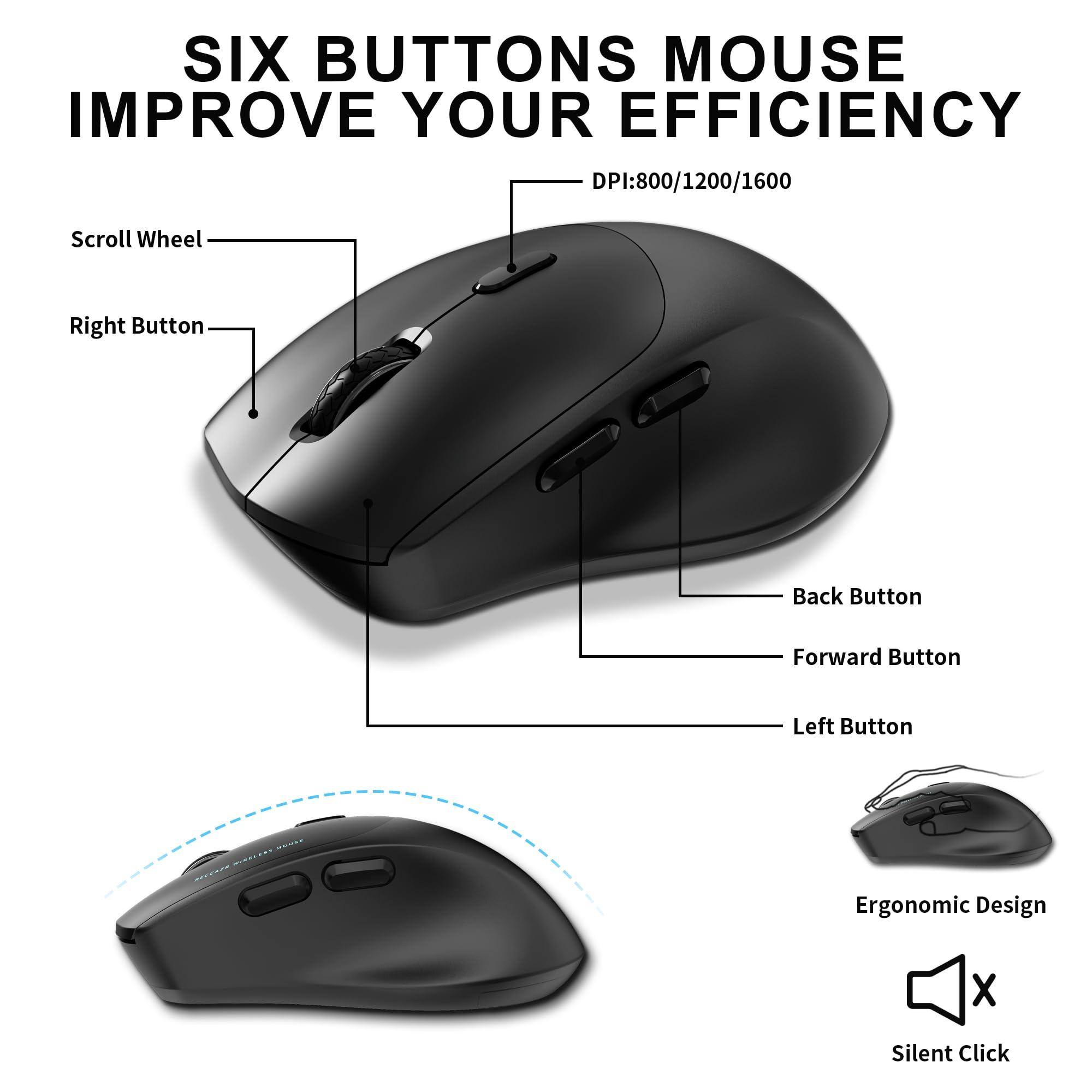 SIX BUTTONS MOUSE IMPROVE YOUR EFFICIENCY  
DPI: 800/1200/1600  

- Scroll Wheel  
- Right Button  
- Back Button  
- Forward Button  
- Left Button  

Ergonomic Design  
Silent Click