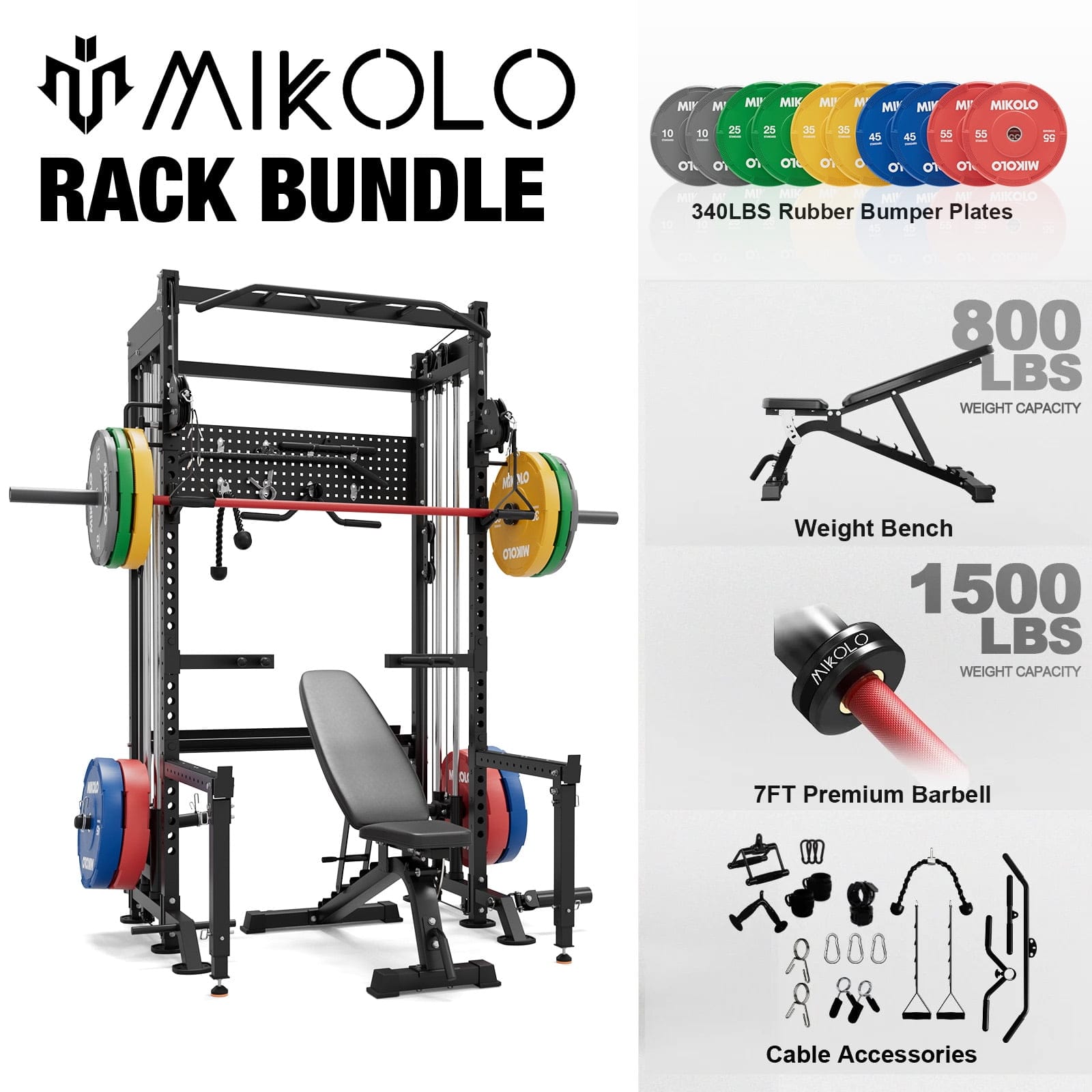 Mikolo - Power Rack, 2000LB Capacity Power Cage, Squat Rack With Weight Bench,Barbell ,340LBS Weights - Black