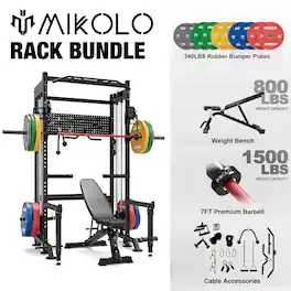 Mikolo - Power Rack, 2000LB Capacity Power Cage, Squat Rack With Weight Bench,Barbell ,340LBS Weights - Black