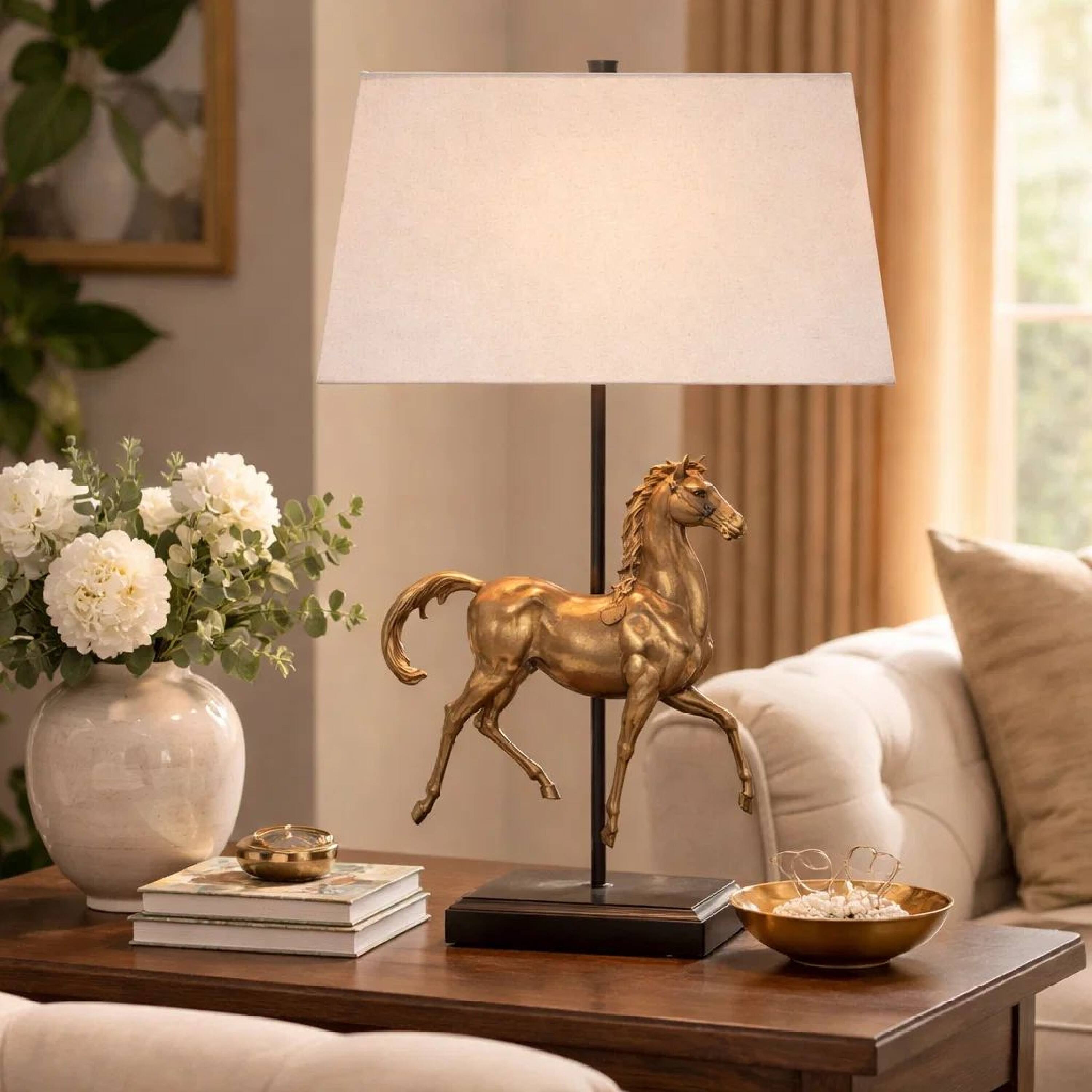 Alt View 3. Manhattan Lane - Horse Sculpture Table Lamp, Linen Shade, 29 Inch Iron - Brown, Beige, Black.