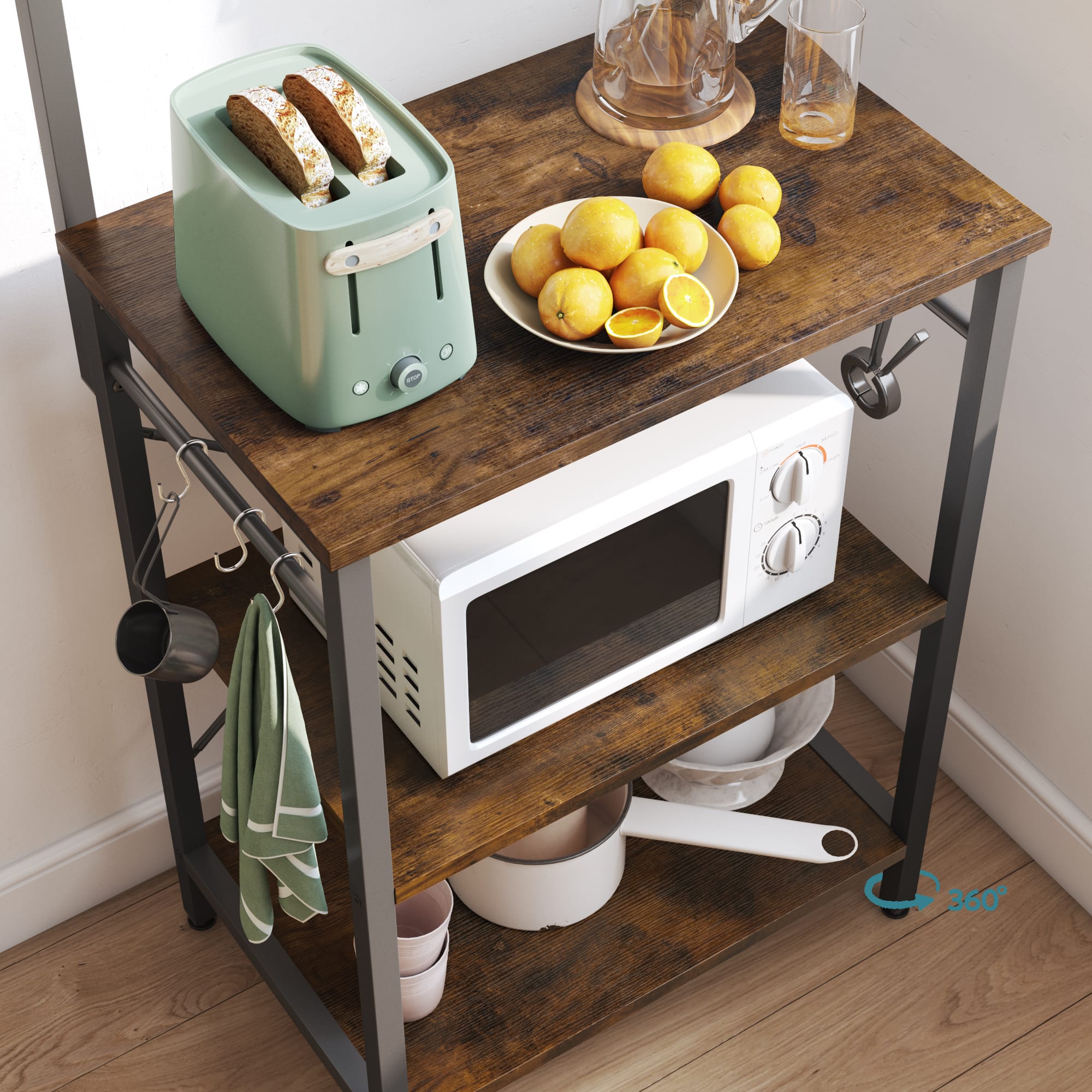 Angle. Bestier - Kitchen Baker's Rack with Hutch and 8 Side Hooks - Brown.