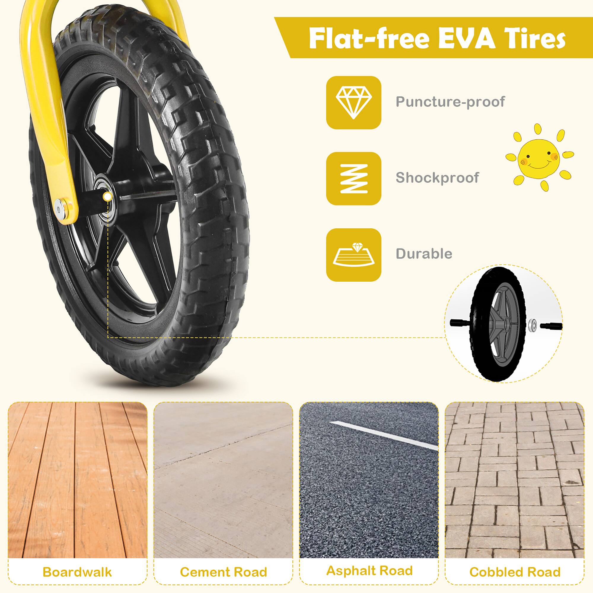 Flat-free EVA Tires

- Puncture-proof
- Shockproof
- Durable

Boardwalk  
Cement Road  
Asphalt Road  
Cobbled Road