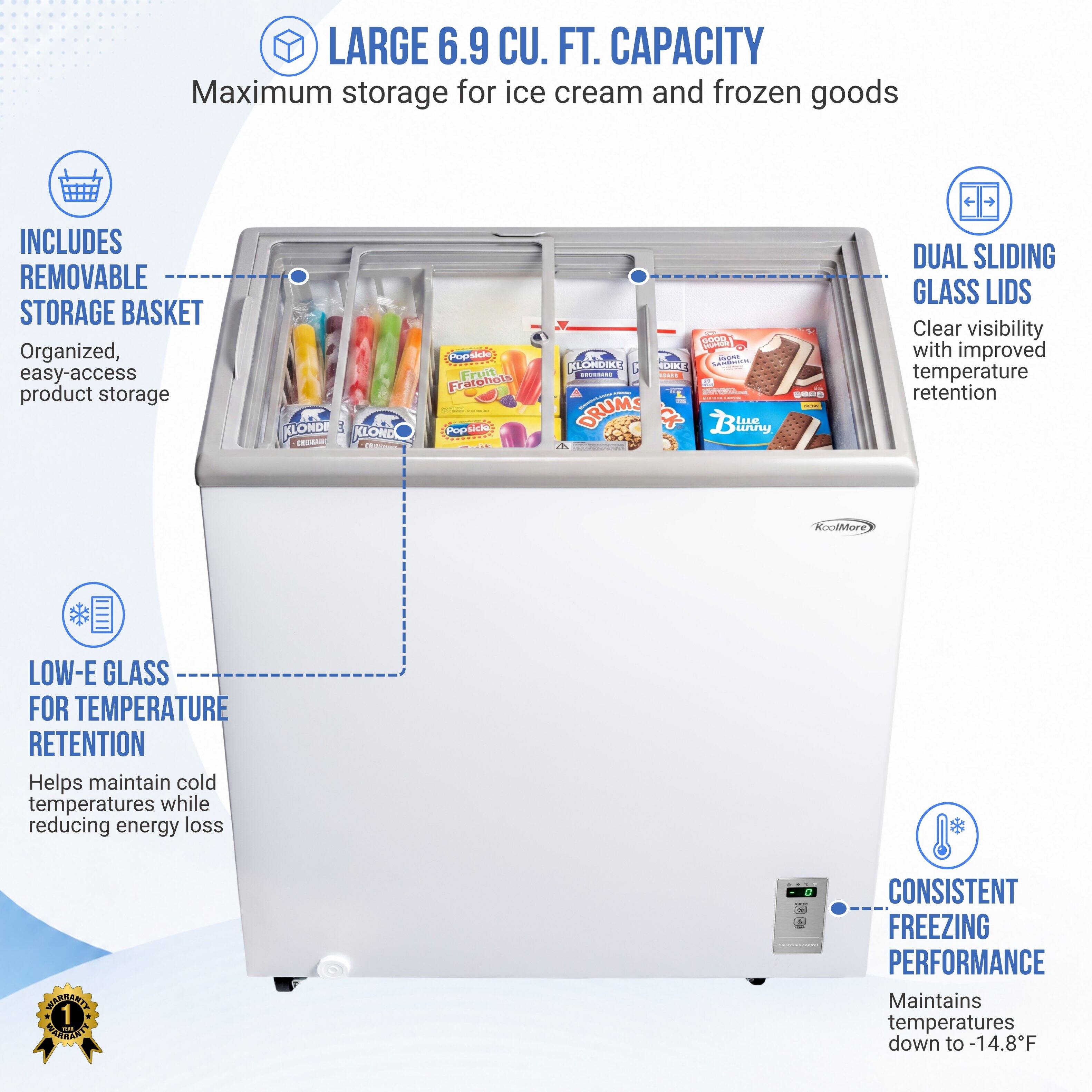 LARGE 6.9 CU. FT. CAPACITY  
Maximum storage for ice cream and frozen goods  

INCLUDES REMOVABLE STORAGE BASKET  
Organized, easy-access product storage  

DUAL SLIDING GLASS LIDS  
Clear visibility with improved temperature retention  

LOW-E GLASS FOR TEMPERATURE RETENTION  
Helps maintain cold temperatures while reducing energy loss  

CONSISTENT FREEZING PERFORMANCE  
Maintains temperatures down to -14.8°F