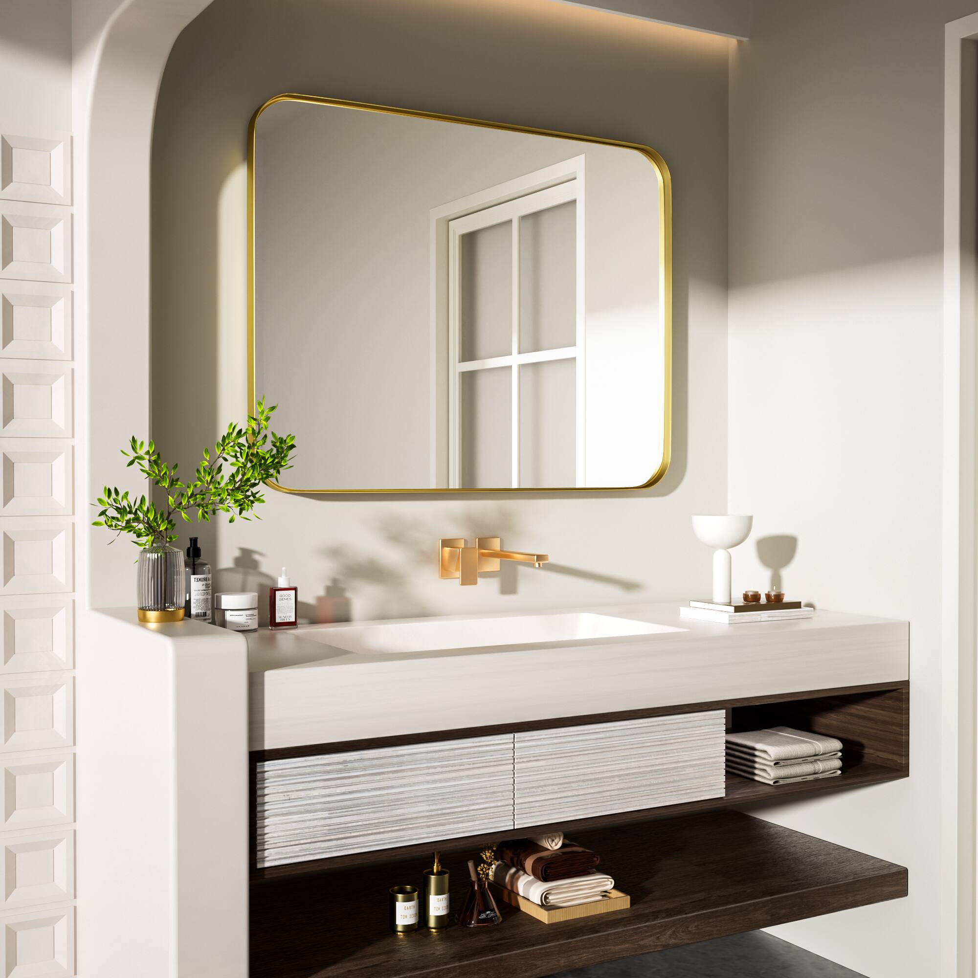 Alt View 12. LOVMOR - Tempered Glass Rounded Rectangle Framed Wall-Mounted Bathroom Vanity Mirror - 28" x 36" - Gold.