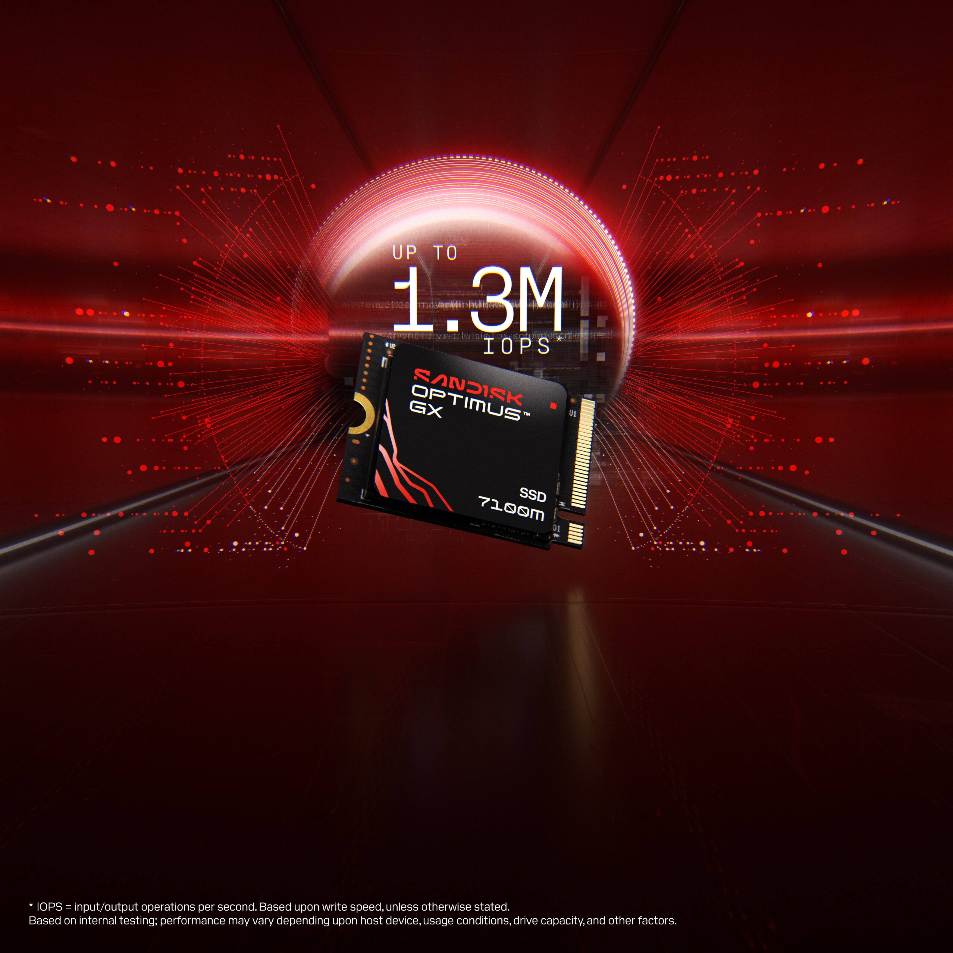 UP TO 1.3M IOPS  
SANDISK GX TIMUS SSD  
7100m  

IOPS = input/output operations per second. Based upon write speed, unless otherwise stated. Based on internal testing; performance may vary depending upon host device, usage conditions, drive capacity, and other factors.