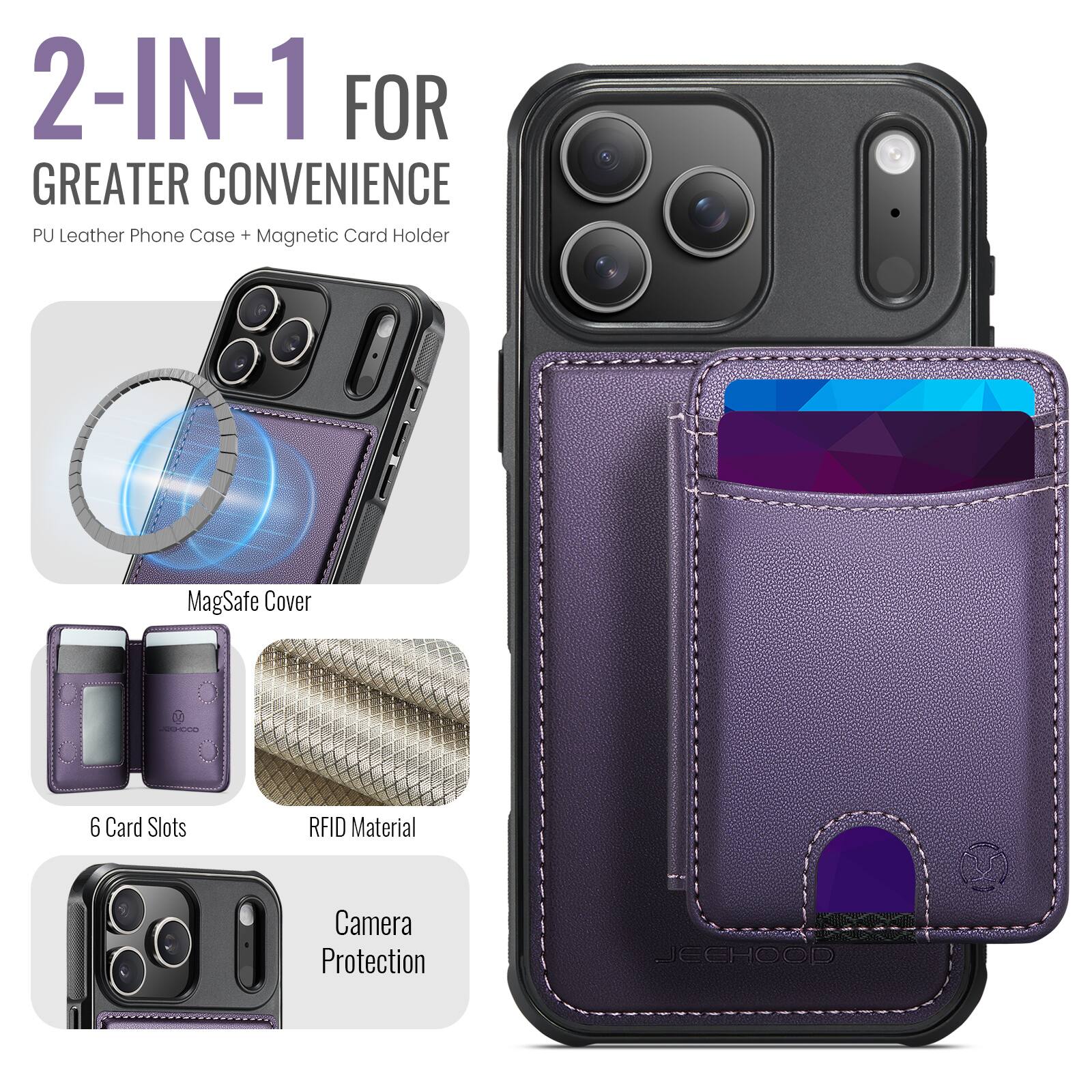 2-IN-1 FOR GREATER CONVENIENCE  
PU Leather Phone Case + Magnetic Card Holder  
MagSafe Cover  
6 Card Slots  
RFID Material  
Camera Protection