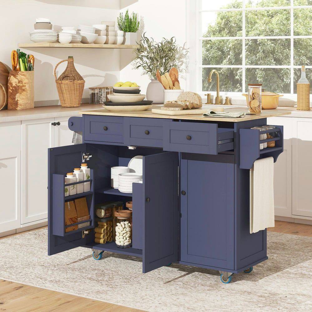 Front. Kadyn - Mobile Kitchen Island with Drop-Leaf, Charging Station & Wood Top, Blue - Blue.