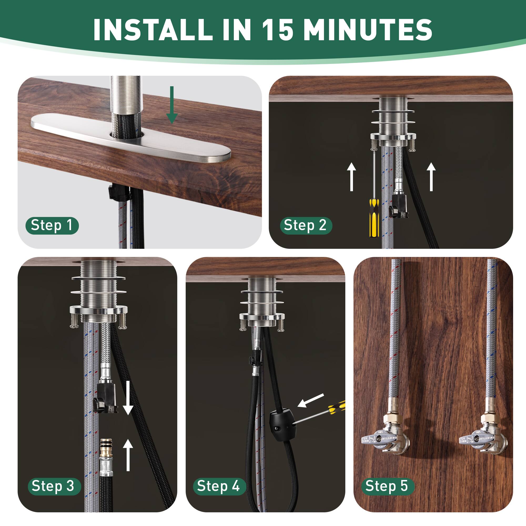 INSTALL IN 15 MINUTES

Step 1

Step 2

Step 3

Step 4

Step 5