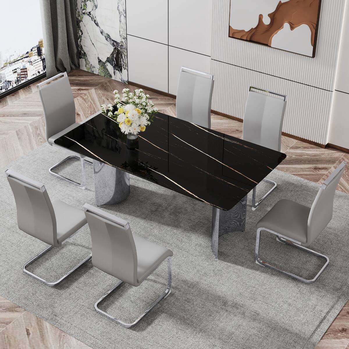 Alt View 10. Loheer - Loheer Black Faux Marble Glass Dining Table with Silver Metal Legs, Modern Minimalist Design - Black.