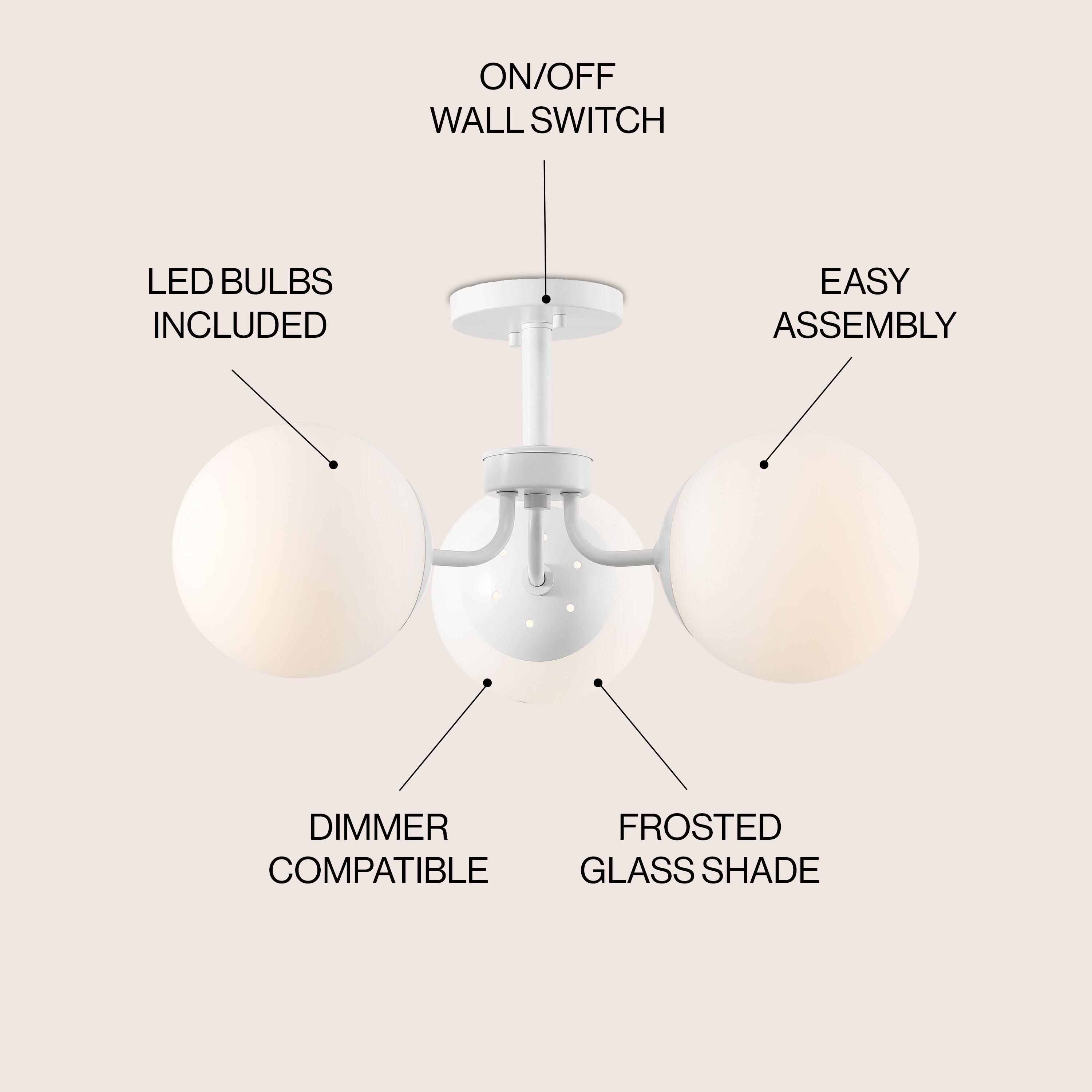 ON/OFF WALL SWITCH  
LED BULBS INCLUDED  
EASY ASSEMBLY  
DIMMER COMPATIBLE  
FROSTED GLASS SHADE