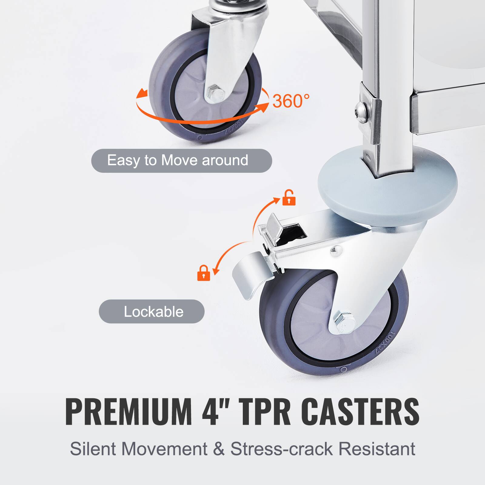 PREMIUM 4" TPR CASTERS, Silent Movement & Stress-crack Resistant, 360° Easy to Move around, Lockable