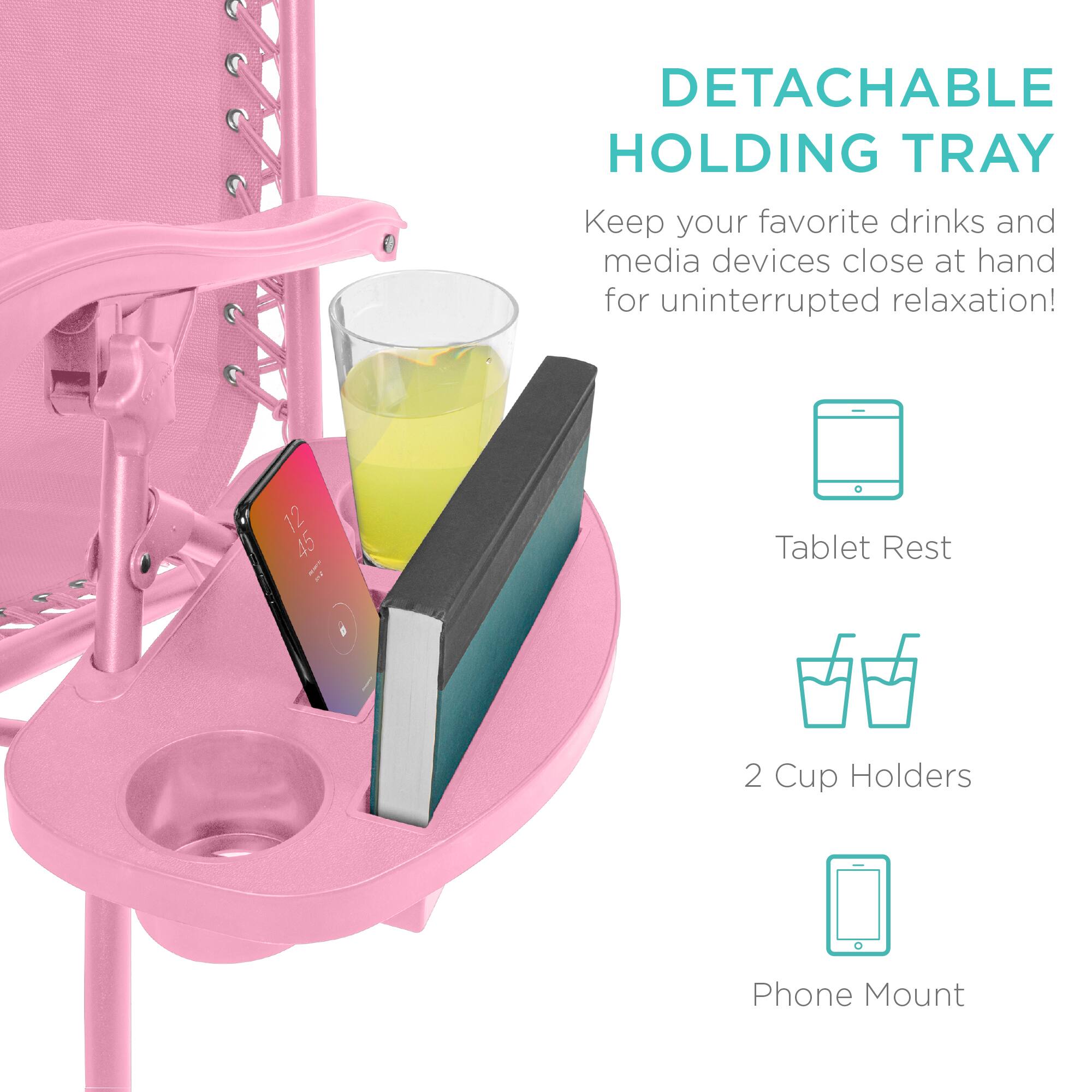 DETACHABLE HOLDING TRAY  
Keep your favorite drinks and media devices close at hand for uninterrupted relaxation!  

- Tablet Rest  
- 2 Cup Holders  
- Phone Mount