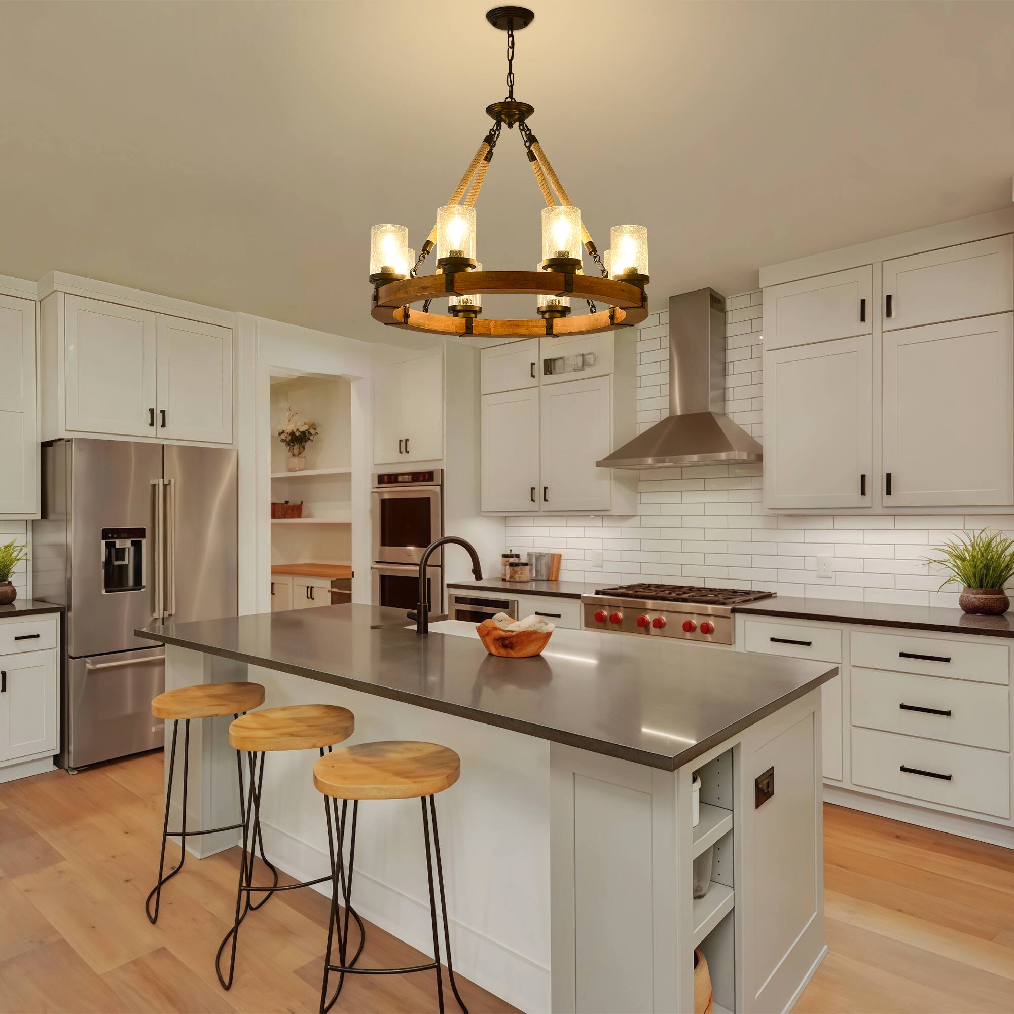 Alt View 2. RYHNUYNE - 8 Light Rustic Wagon Wheel Chandelier,Farmhouse Dining Room Light Fixture with Seeded Glass Shade,Round Wood Chandelier - Brown.