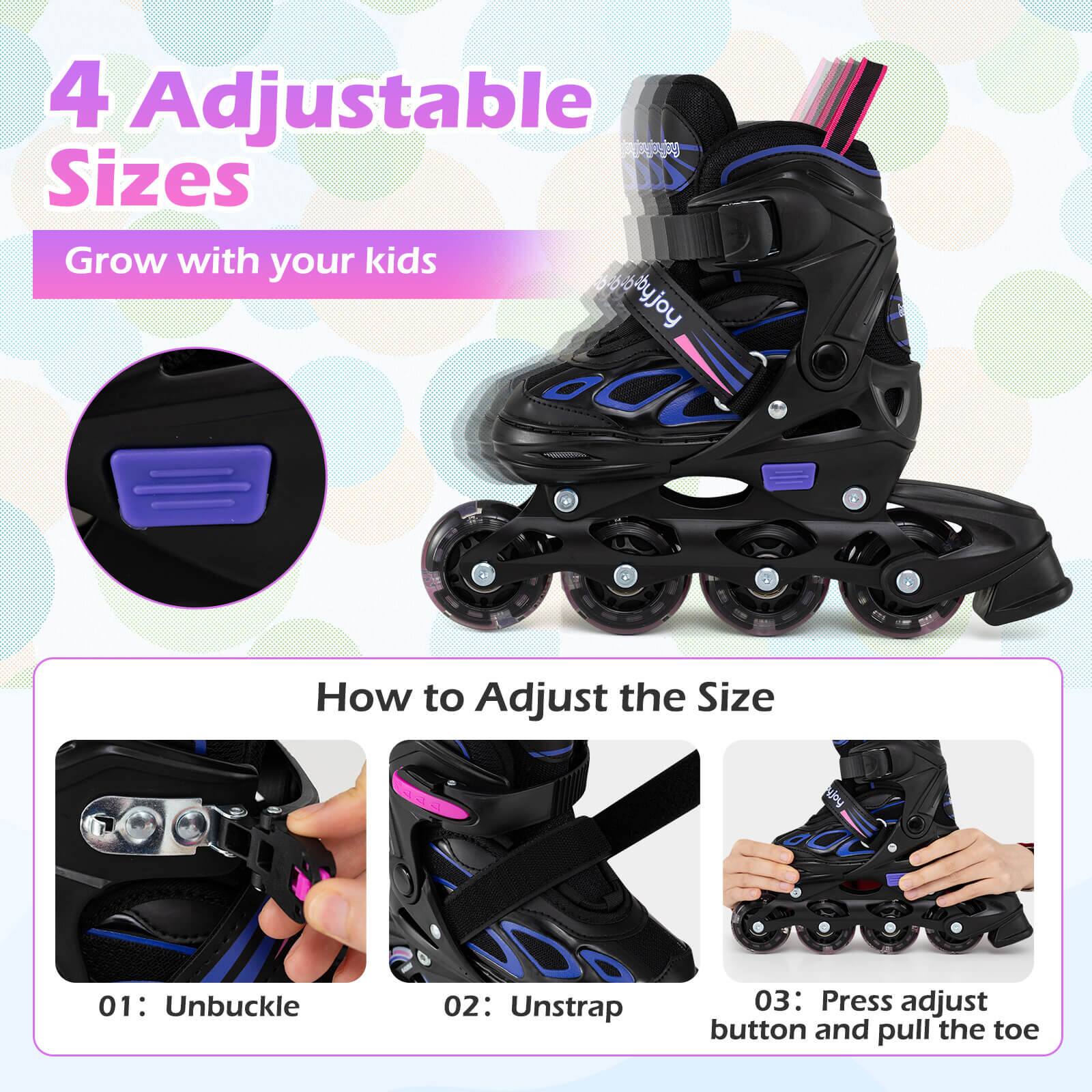 4 Adjustable Sizes  
Grow with your kids  

How to Adjust the Size  
01: Unbuckle  
02: Unstrap  
03: Press adjust button and pull the toe