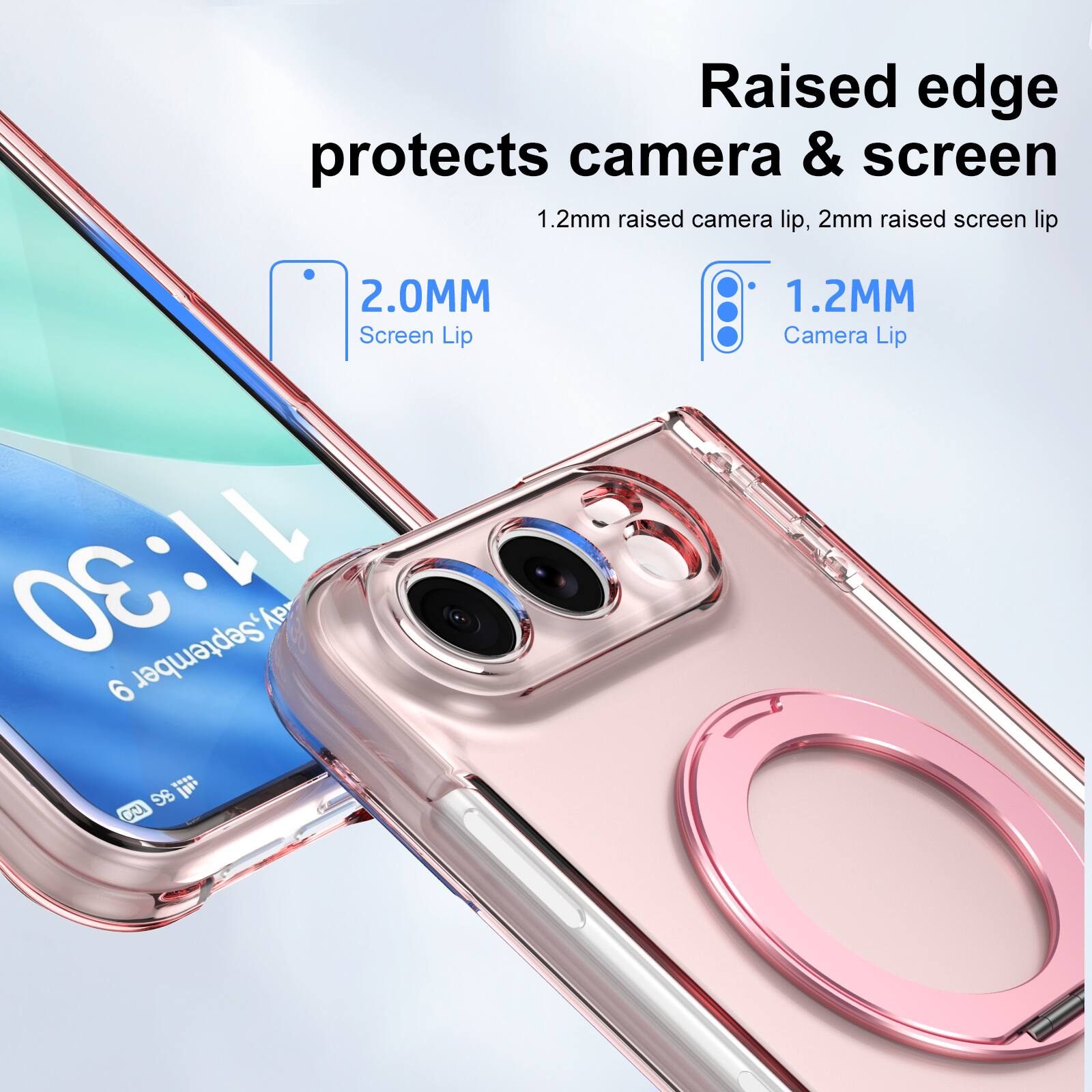 Raised edge protects camera & screen  
1.2mm raised camera lip, 2mm raised screen lip  
2.0MM Screen Lip  
1.2MM Camera Lip