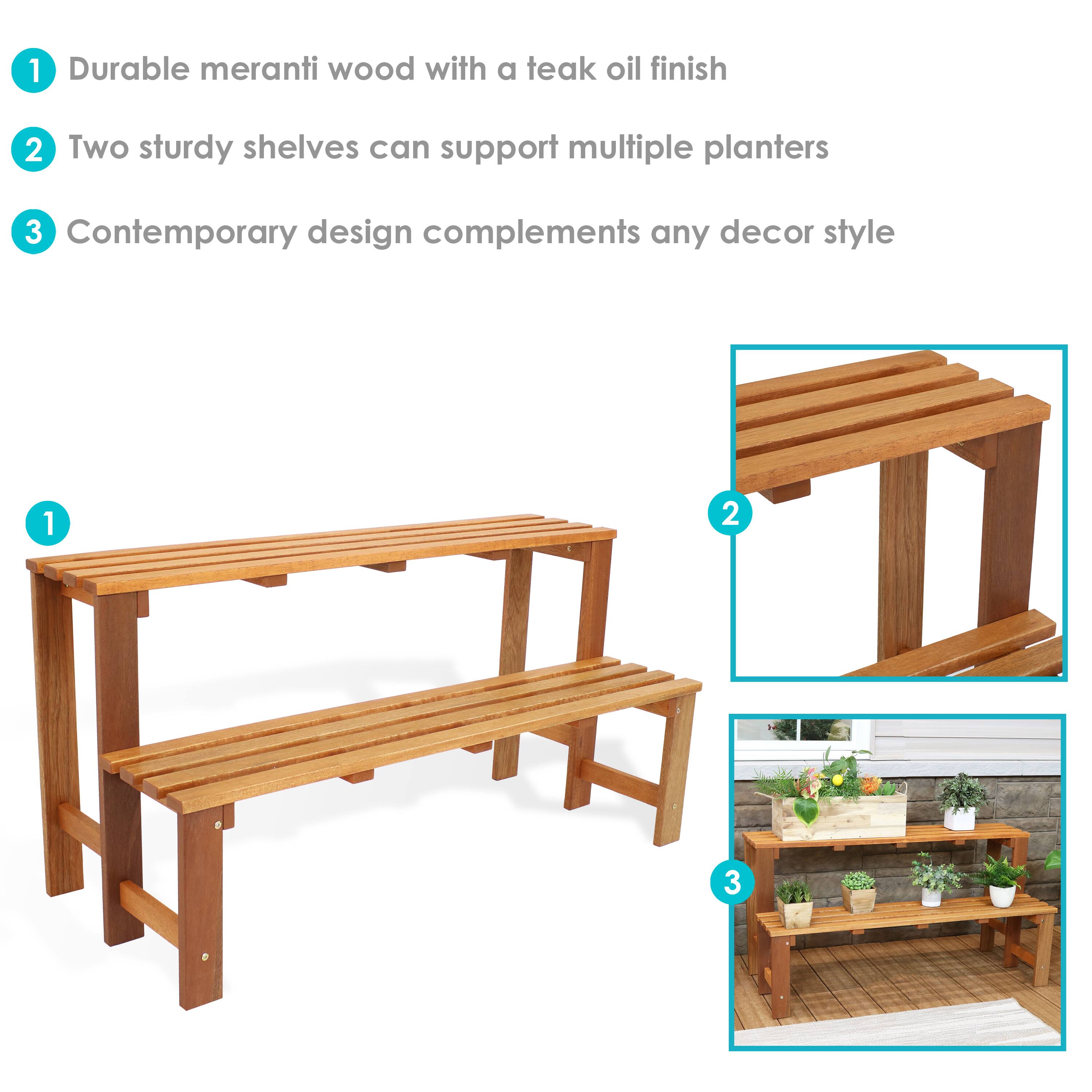 1. Durable meranti wood with a teak oil finish  
2. Two sturdy shelves can support multiple planters  
3. Contemporary design complements any decor style