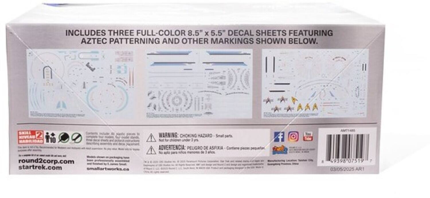 INCLUDES THREE FULL-COLOR 8.5" x 5.5" DECAL SHEETS FEATURING AZTEC PATTERNING AND OTHER MARKINGS SHOWN BELOW.

SKILL NIVEAU 2 HABILIDAD 10

round2corp.com
startrek.com
smallartworks.ca

WARNING: CHOKING HAZARD - Small parts. Not for children under 3 years.

ADVERTENCIA: PEUGRO DE ASFIXIA - Contiene piezas pequeñas. No apto para niños menores de 3 años.

49398 07519

03/05/2025

ART 7