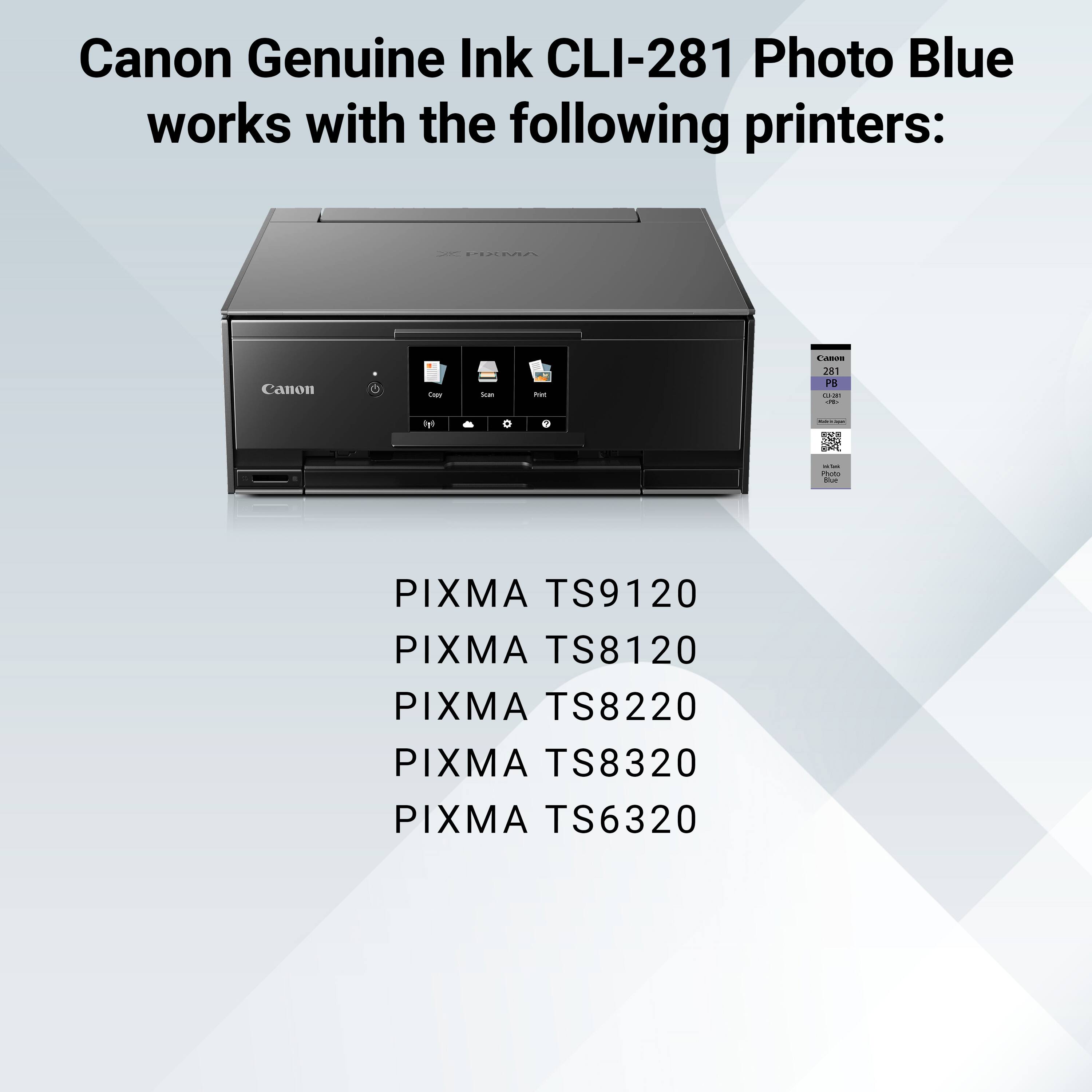Canon Genuine Ink CLI-281 Photo Blue works with the following printers:

PIXMA TS9120  
PIXMA TS8120  
PIXMA TS8220  
PIXMA TS8320  
PIXMA TS6320