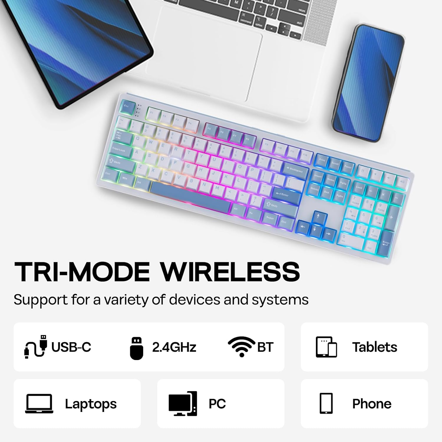 TRI-MODE WIRELESS  
Support for a variety of devices and systems  
USB-C 2.4GHz BT Tablets Laptops PC Phone