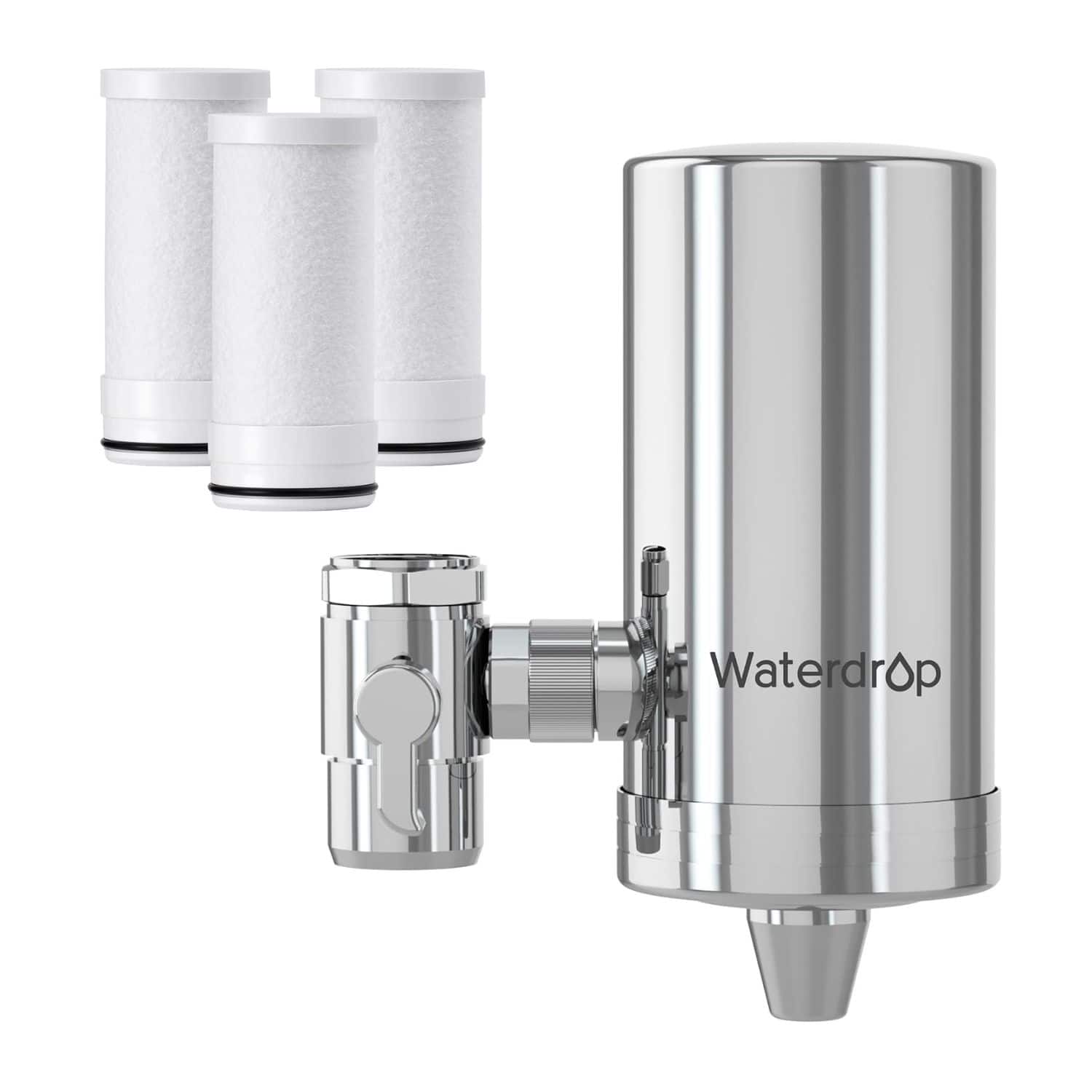 Waterdrop - FC-06 Water Filter for Sink Faucet, 360° Rotating Stainless Steel, Extra 3 Filters - Silver