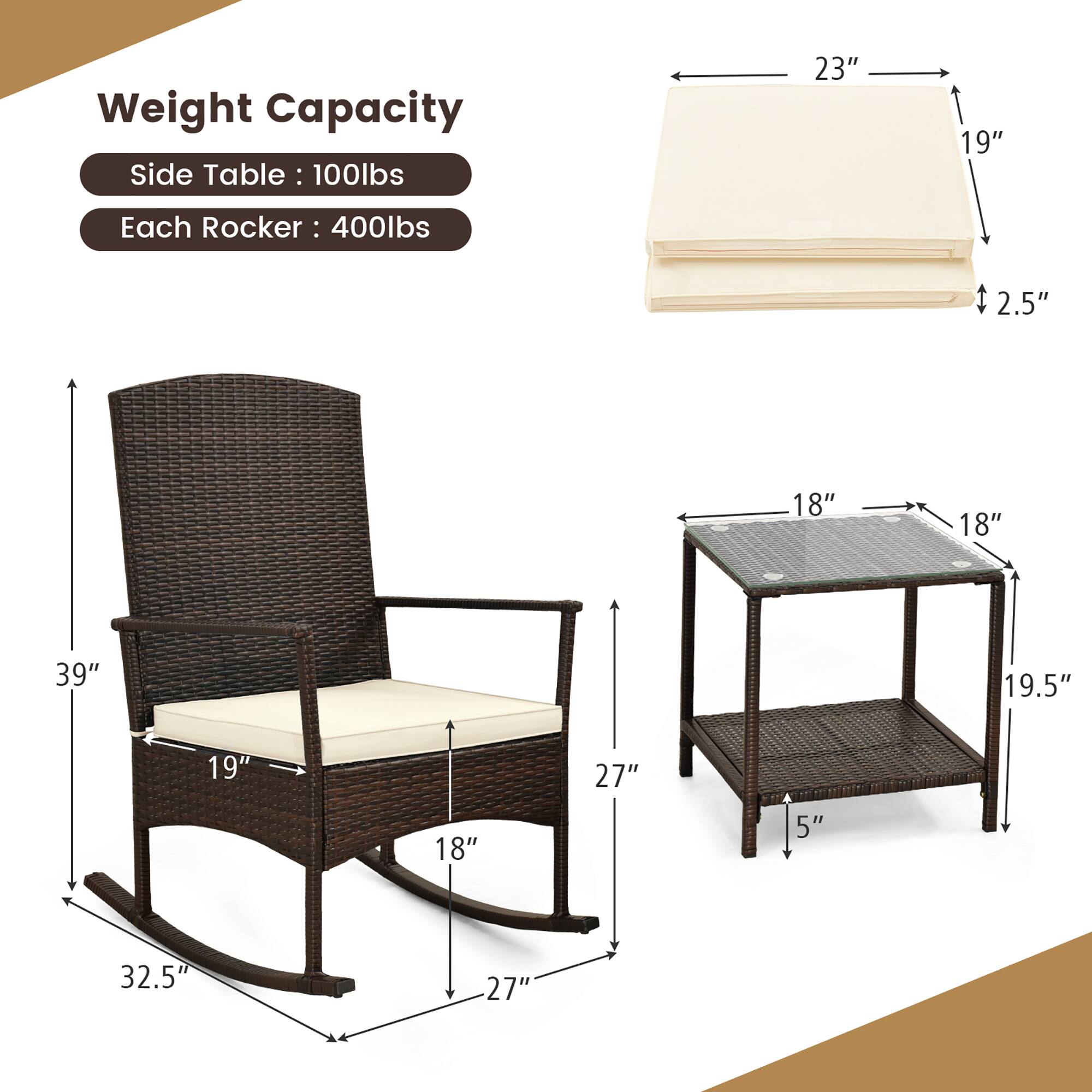 Weight Capacity  
Side Table: 100lbs  
Each Rocker: 400lbs  

Dimensions:  
Side Table: 23" x 19" x 2.5"  
Rocker: 39" x 19" x 18" x 27" x 18" x 32.5" x 5" x 18" x 18" x 19.5" x 19"
