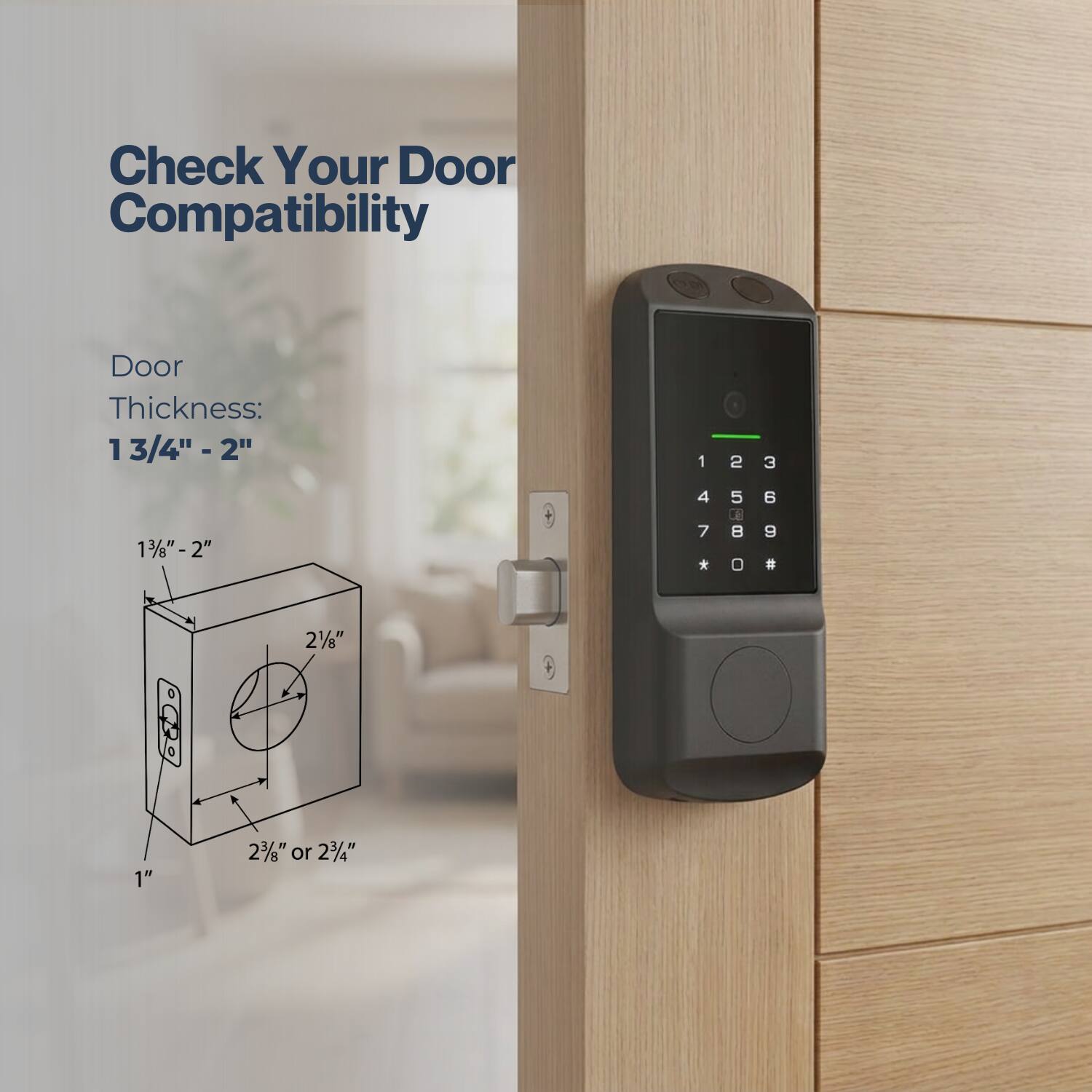 Check Your Door Compatibility

Door Thickness: 1 3/4" - 2"

1 3/8" - 2"

2 1/8"

1"

2 3/8" or 2 1/4"
