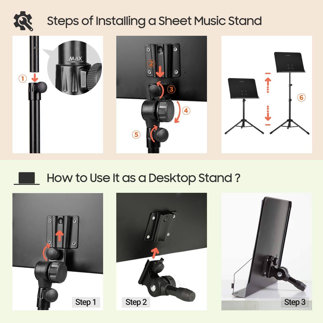 **Steps of Installing a Sheet Music Stand**

1. [Image with arrow pointing to the base]
2. [Image with arrow pointing to the clamp]
3. [Image with arrow pointing to the clamp]
4. [Image with arrow pointing to the clamp]
5. [Image with arrow pointing to the clamp]
6. [Image showing the assembled stand]

**How to Use It as a Desktop Stand?**

Step 1: [Image with arrow pointing to the clamp]
Step 2: [Image showing the clamp attached to the stand]
Step 3: [Image showing the stand with a tablet attached]