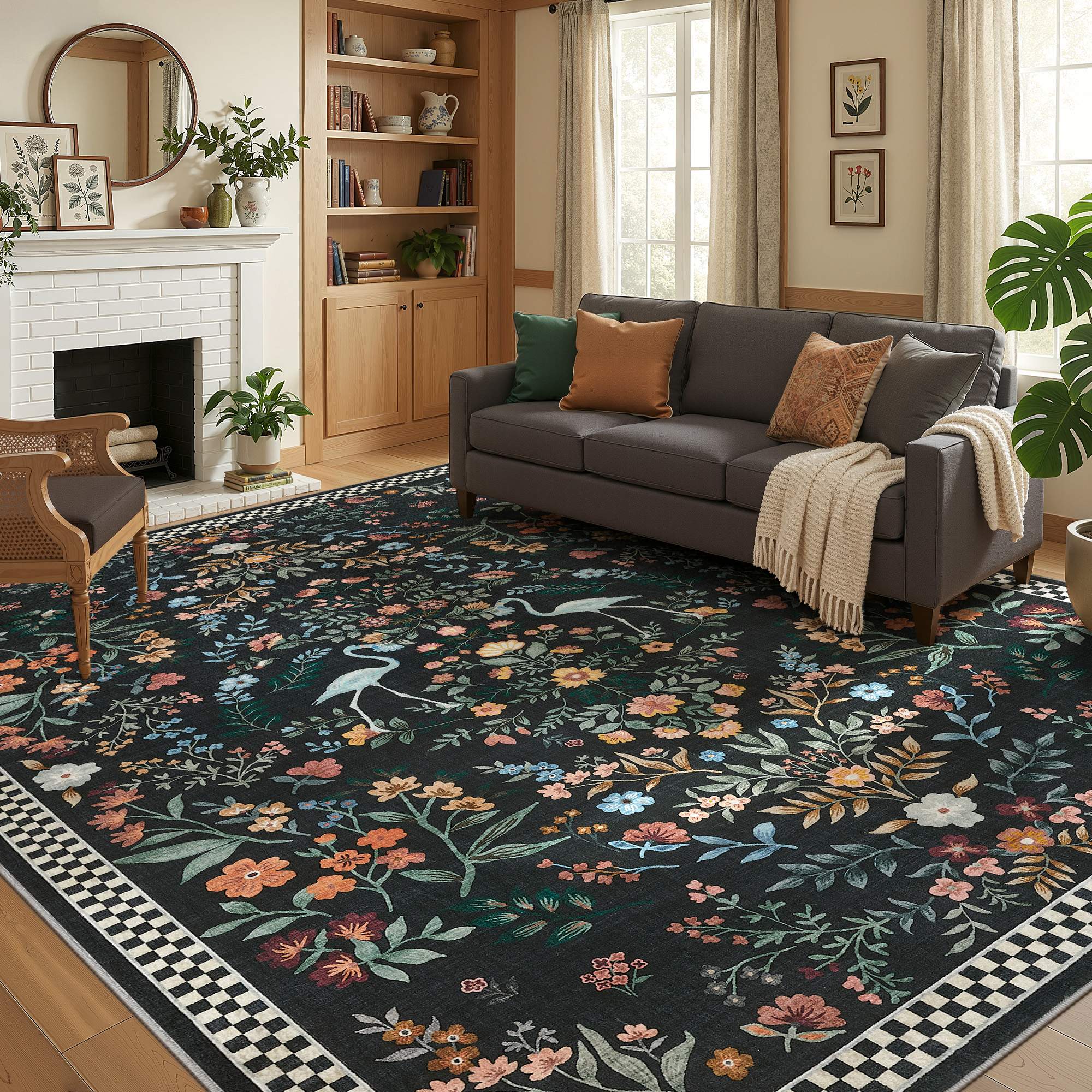 Left. Yardgrace - 5' x 7' ft Washable Farmhouse Floral Area Rug with Non-Slip for Bedroom Nursery Living Room Decor - Black.