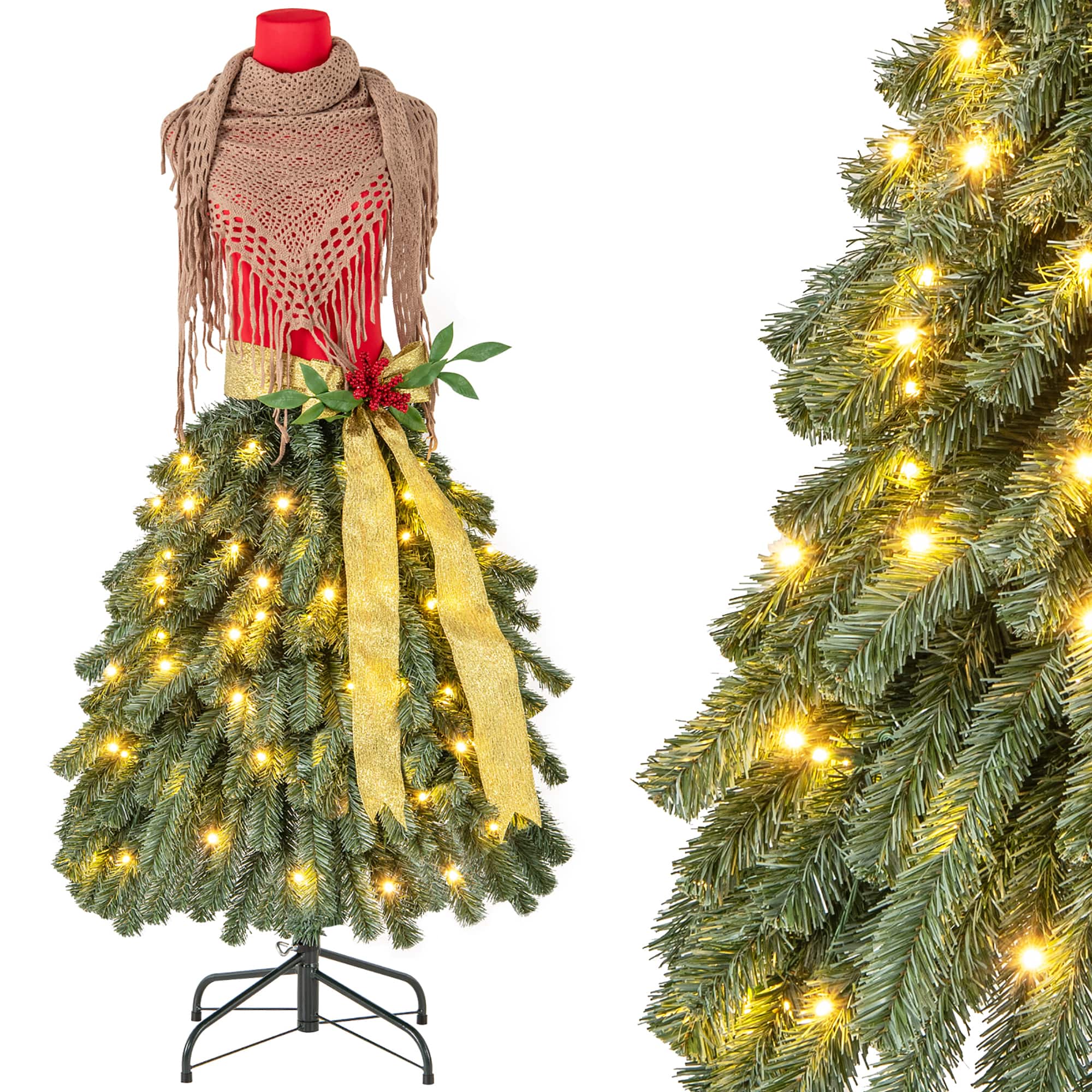 Gymax - 5 FT Artificial Mannequin Tree w/ 248 Branch Tips 100 Warm White LED Lights - Green, Red
