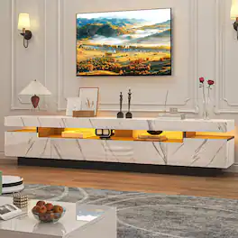 Espafurni - 82.7" TV Stand for 75 - 90" TVs - Modern LED Storage Drawer, APP - RGB Light - Marbling White