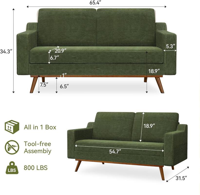 Here are the corrected dimensions and features from the image:

- Overall dimensions: 65.4" (length) x 34.3" (height) x 20.9" (depth)
- Armrest height: 6.7"
- Seat height: 5.3"
- Seat depth: 18.9"
- Back height: 20.9"
- Leg height: 7.5"
- Armrest width: 5.3"
- Seat width: 31.5"
- Weight capacity: 800 LBS
- All-in-1 Box
- Tool-free Assembly
