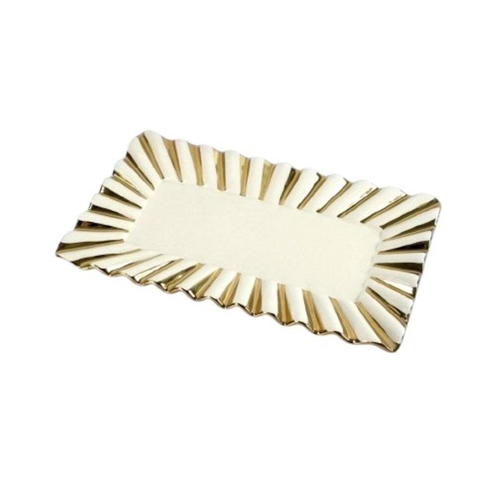 Front. Jiallo - 10" Rectanglar Ceramic Plate with Gold Ray Border - White.