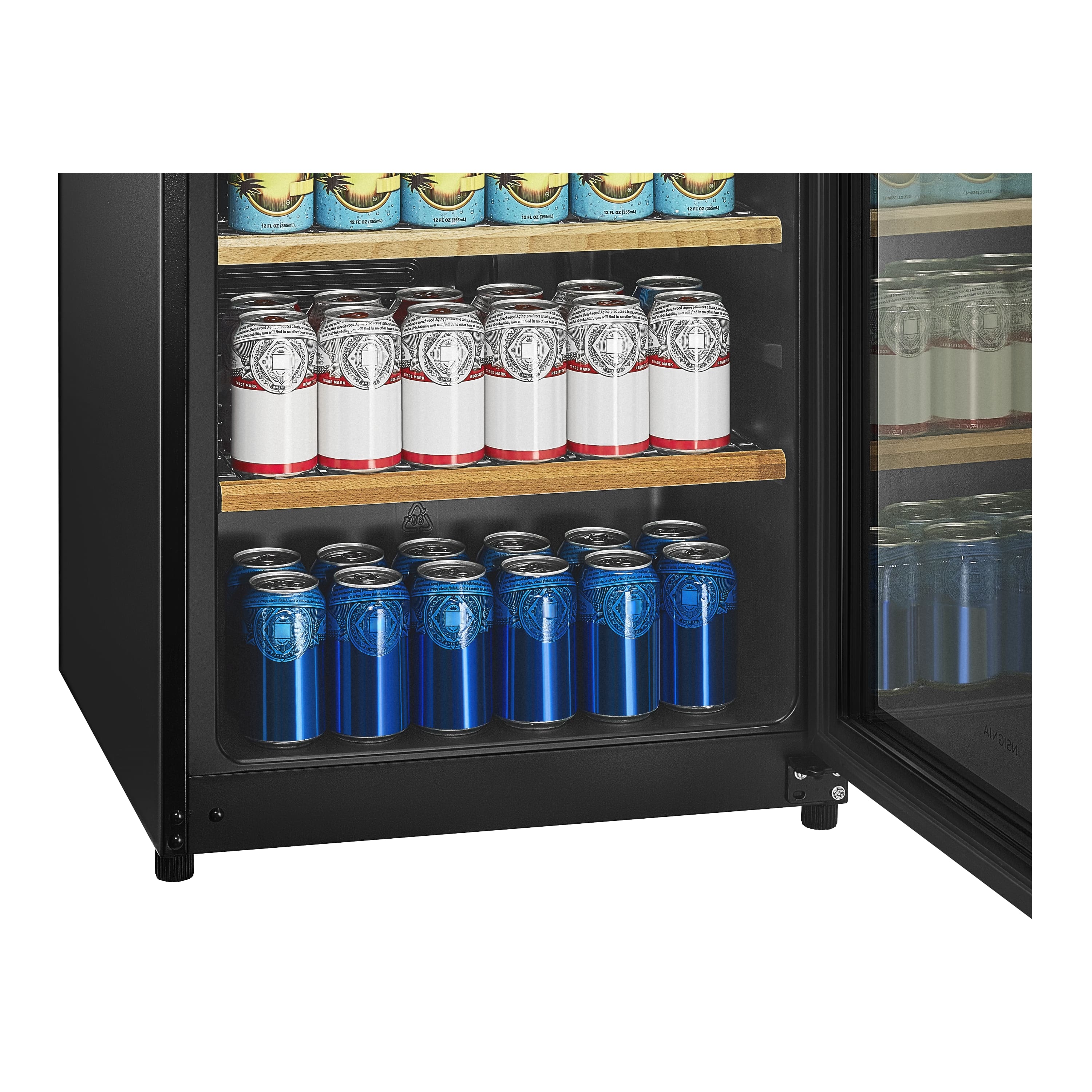 The image shows a refrigerator with two shelves, each containing multiple cans of beer. The beer cans are organized in a way that they are easily accessible and visible. The refrigerator is filled with various types of beer, including both blue and white cans. The beer cans are placed in a way that they are neatly arranged and well-organized, making it easy for the user to find and choose their desired beverage.