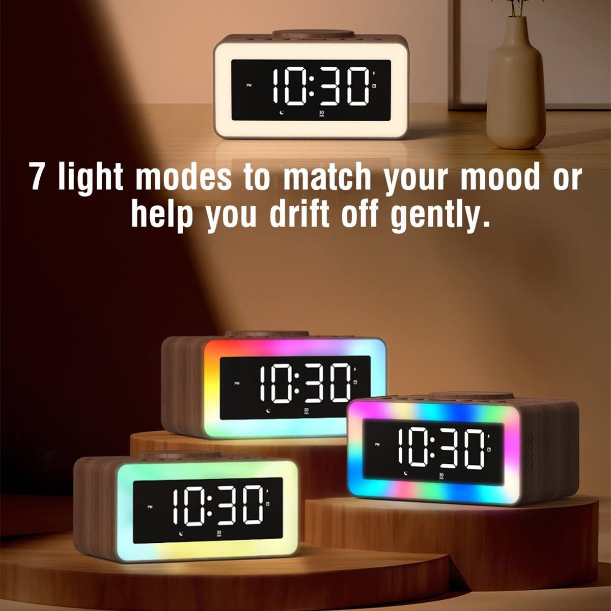 7 light modes to match your mood or help you drift off gently.