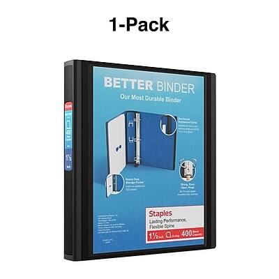1-Pack  
BETTER BINDER  
Our Most Durable Binder  

Staples  
Lasting Performance, Flexible Spine  
1½ D  
400
