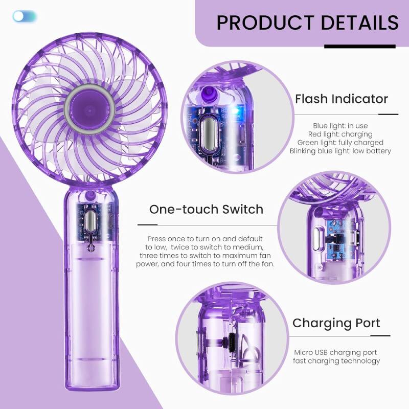 **PRODUCT DETAILS**

**Flash Indicator**
- Blue light: in use
- Red light: charging
- Green light: fully charged
- Blinking blue light: low battery

**One-touch Switch**
- Press once to turn on and default to low, twice to switch to medium, three times to switch to maximum fan power, and four times to turn off the fan.

**Charging Port**
- Micro USB charging port fast charging technology