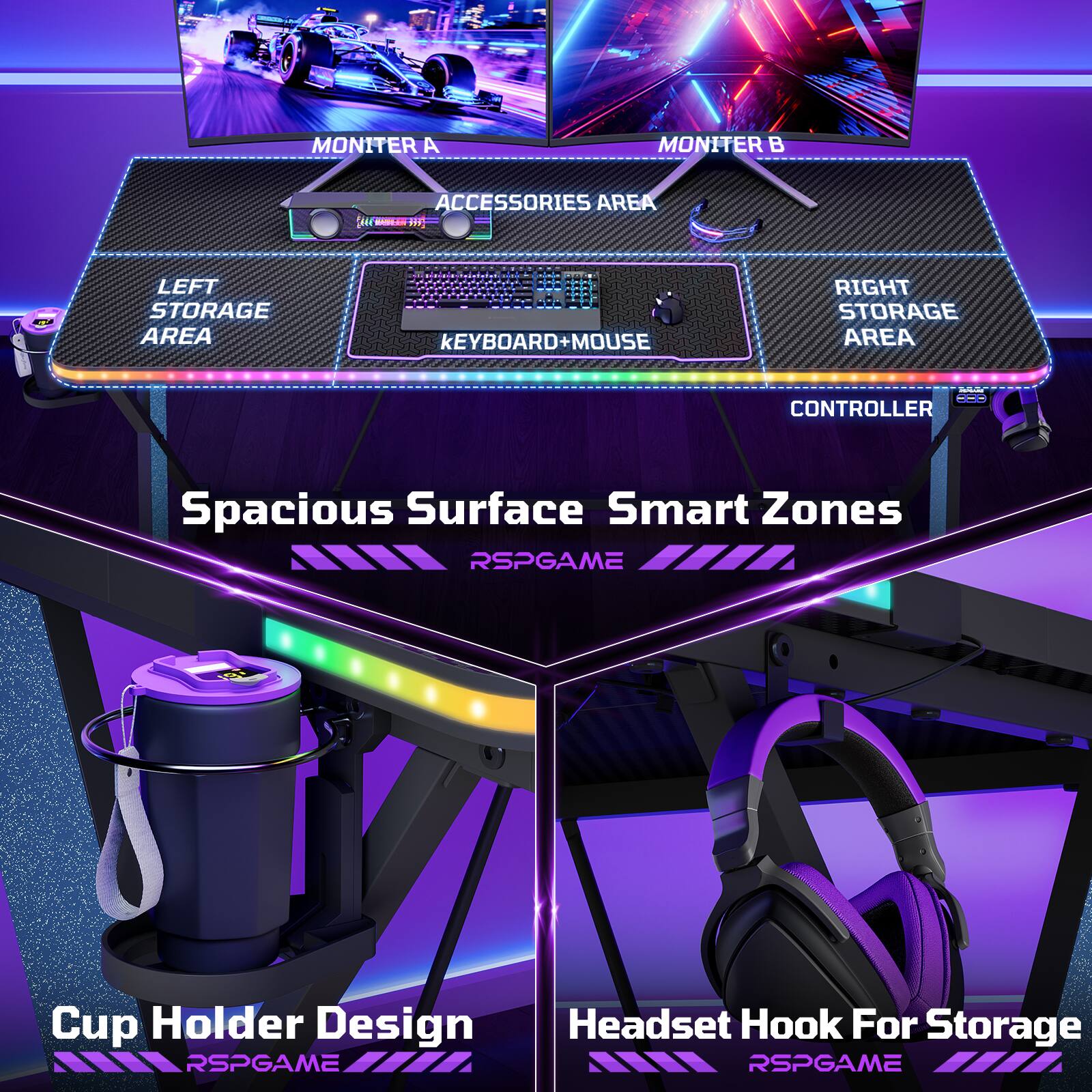 MONITER A  
MONITER B  
ACCESSORIES AREA  
LEFT STORAGE AREA  
KEYBOARD + MOUSE  
RIGHT STORAGE AREA  
CONTROLLER  

Spacious Surface Smart Zones  
Cup Holder Design  
Headset Hook For Storage  

RSPGAME