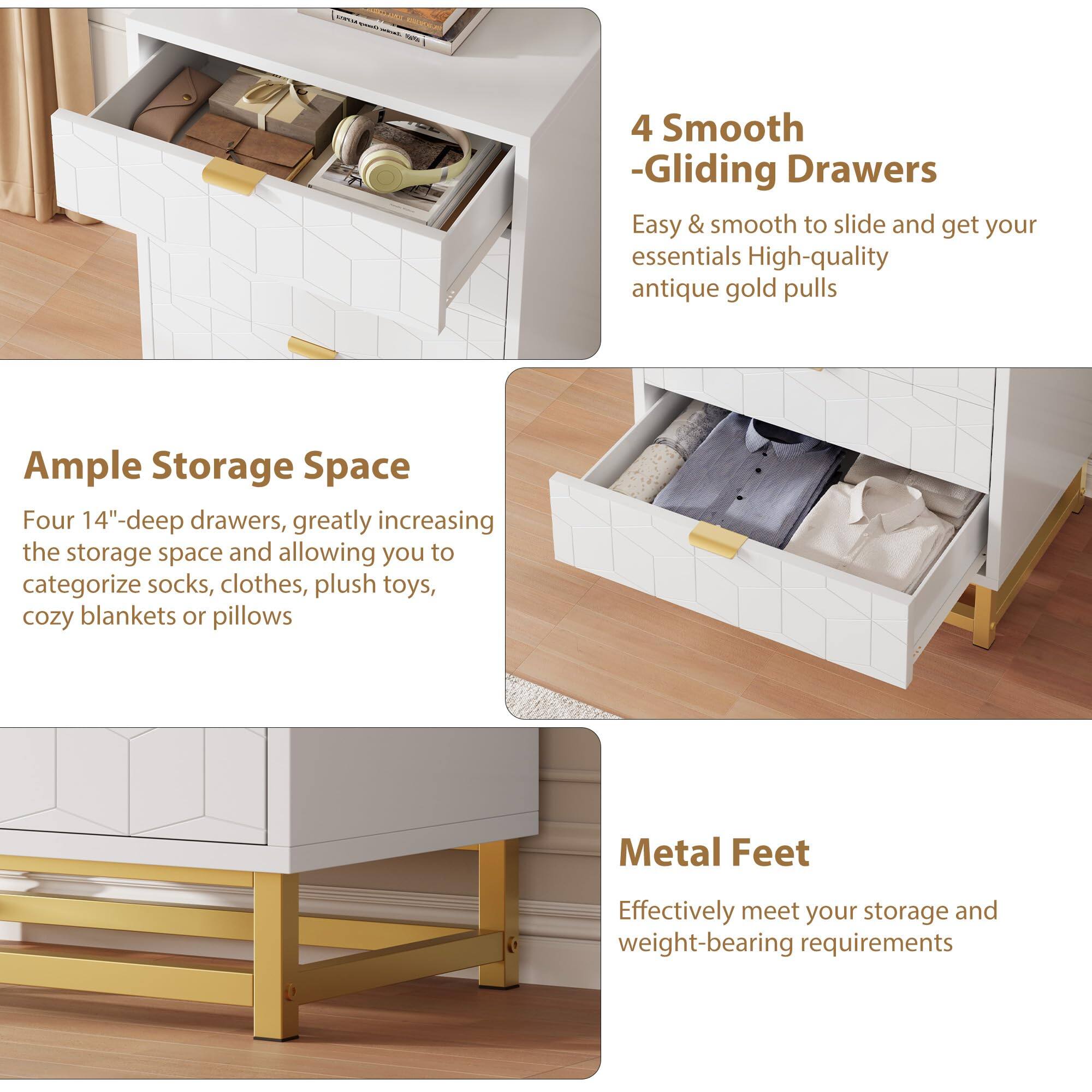 GARVEE - Modern 4 Drawer Dresser with Gold Handles, Wood Chest for Bedroom, Living Room & Hallway - White