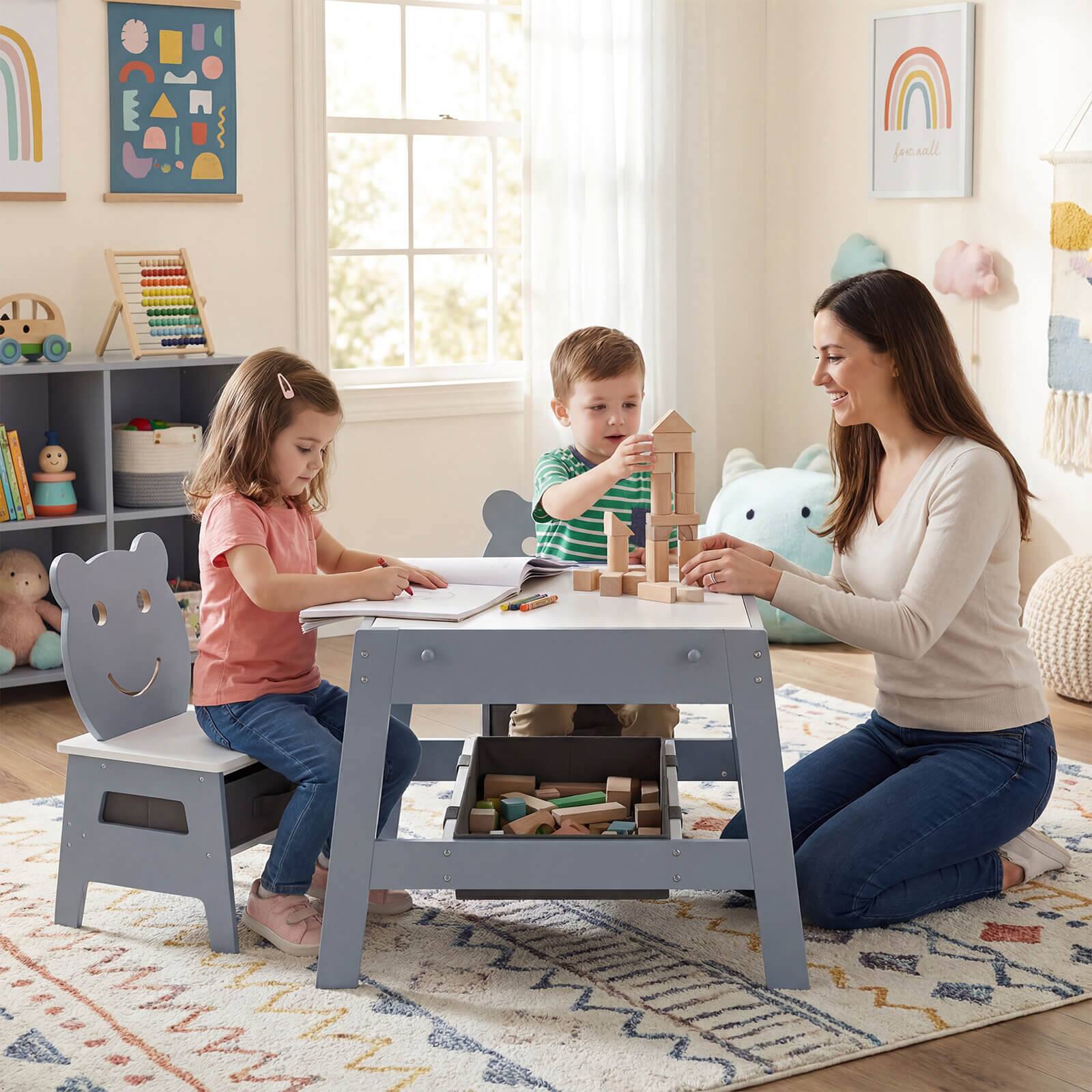 Alt View 3. Costway - Costway 5-in-1 Kids' Table & Chair Set with Chalkboard, Whiteboard, 3 Storage Bins, 4 Hooks - Gray,White.